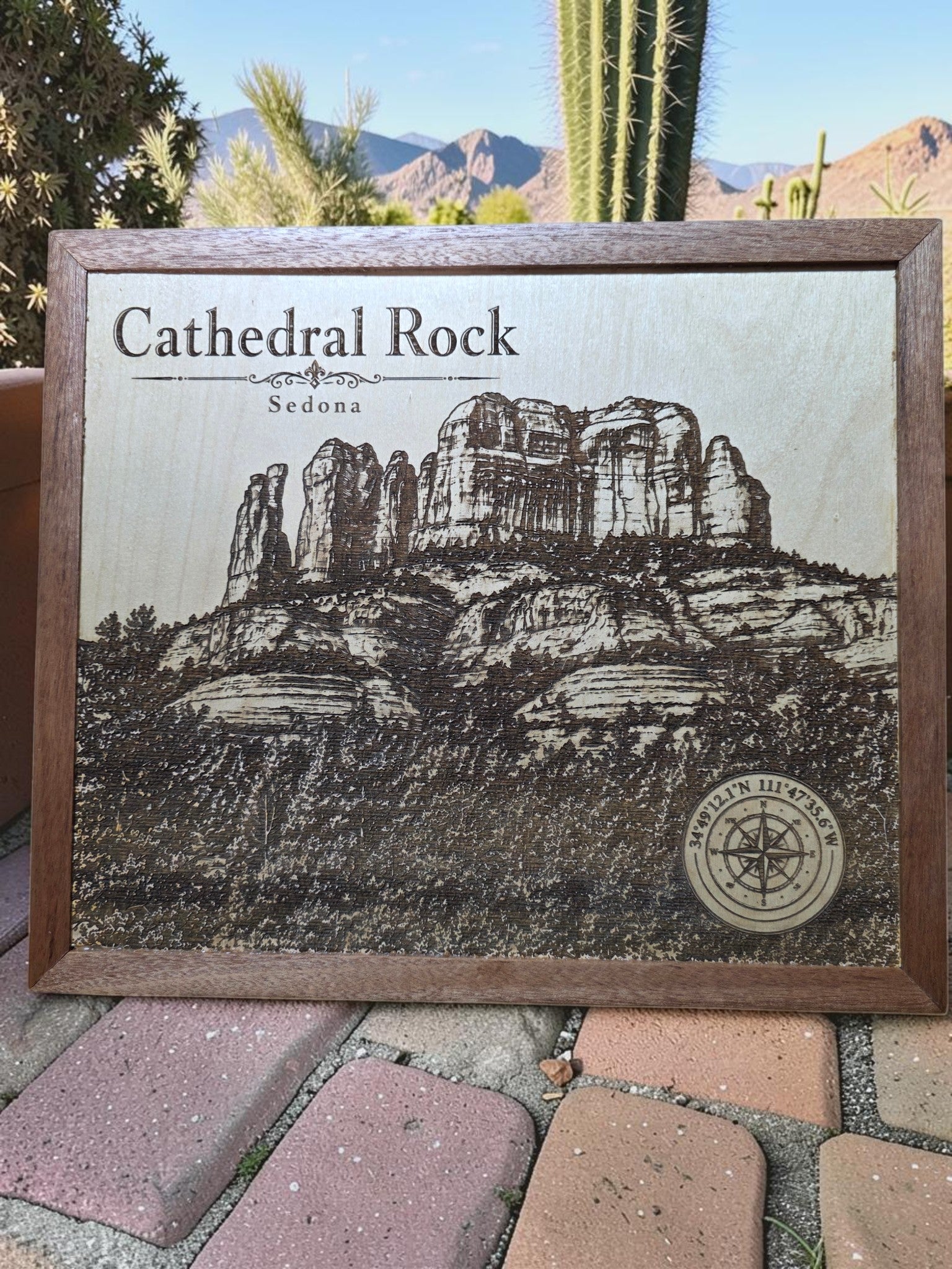 Cathedral Rock Sedona Arizona Laser Engraved Wood Wall Art with Solid Mahogany Frame