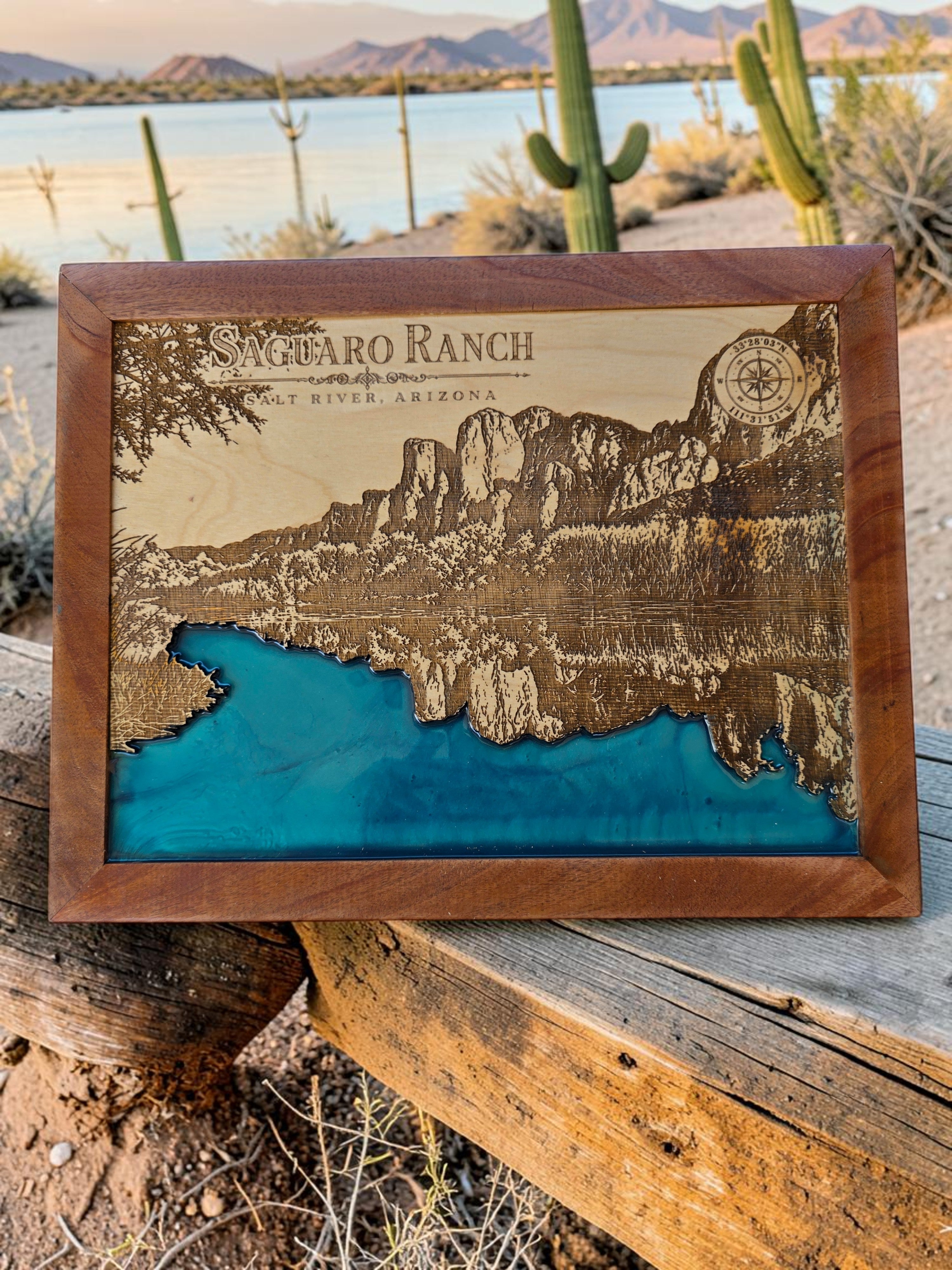 Custom Saguaro Ranch at the Salt River Wood Portrait – Teal Epoxy Water & Mahogany Frame