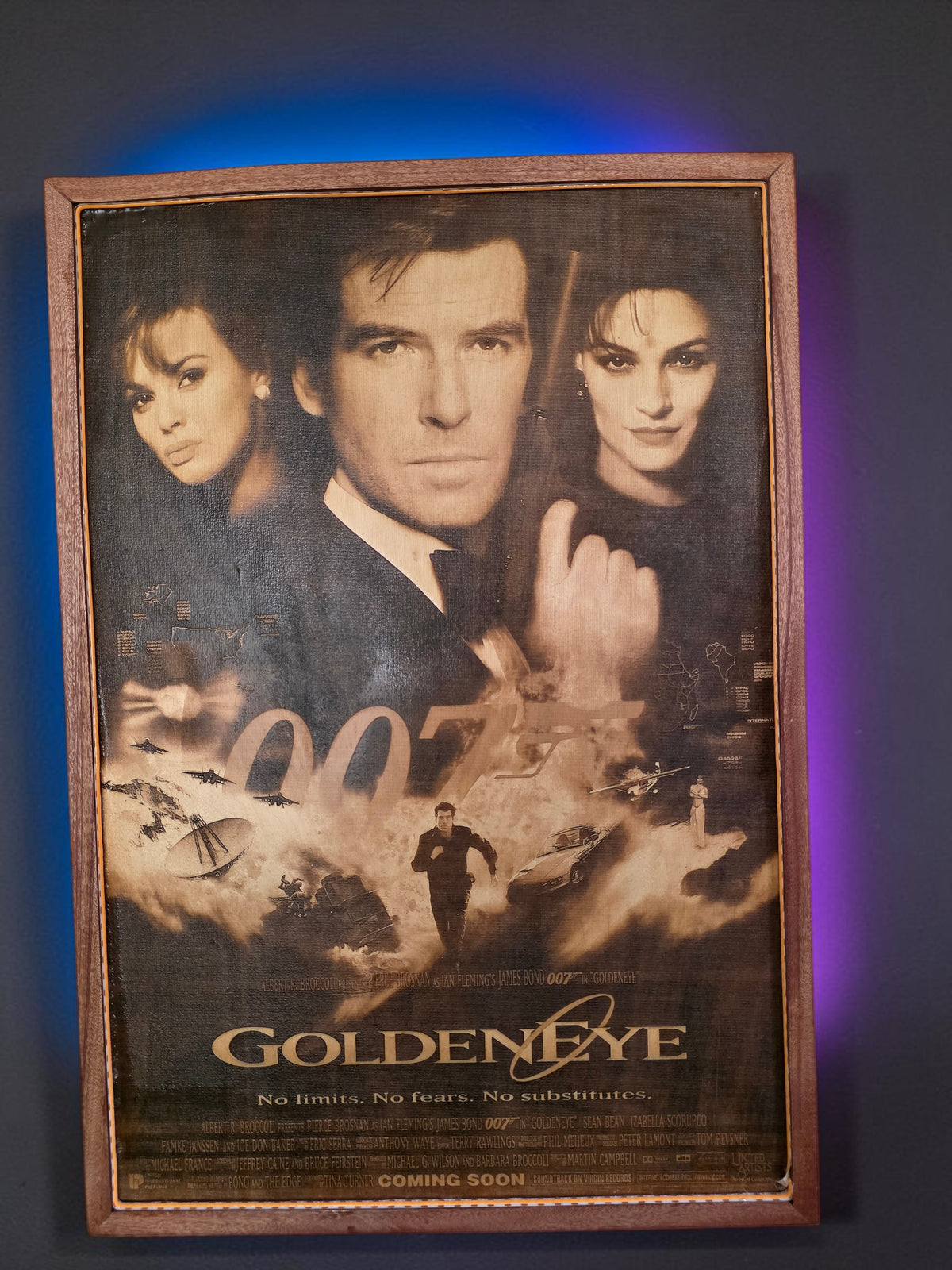 GoldenEye 007 Movie Poster LED Wall Art | Backlit Wood Sign with RGB Frame | 30x20 Illuminated Bond Movie Decor