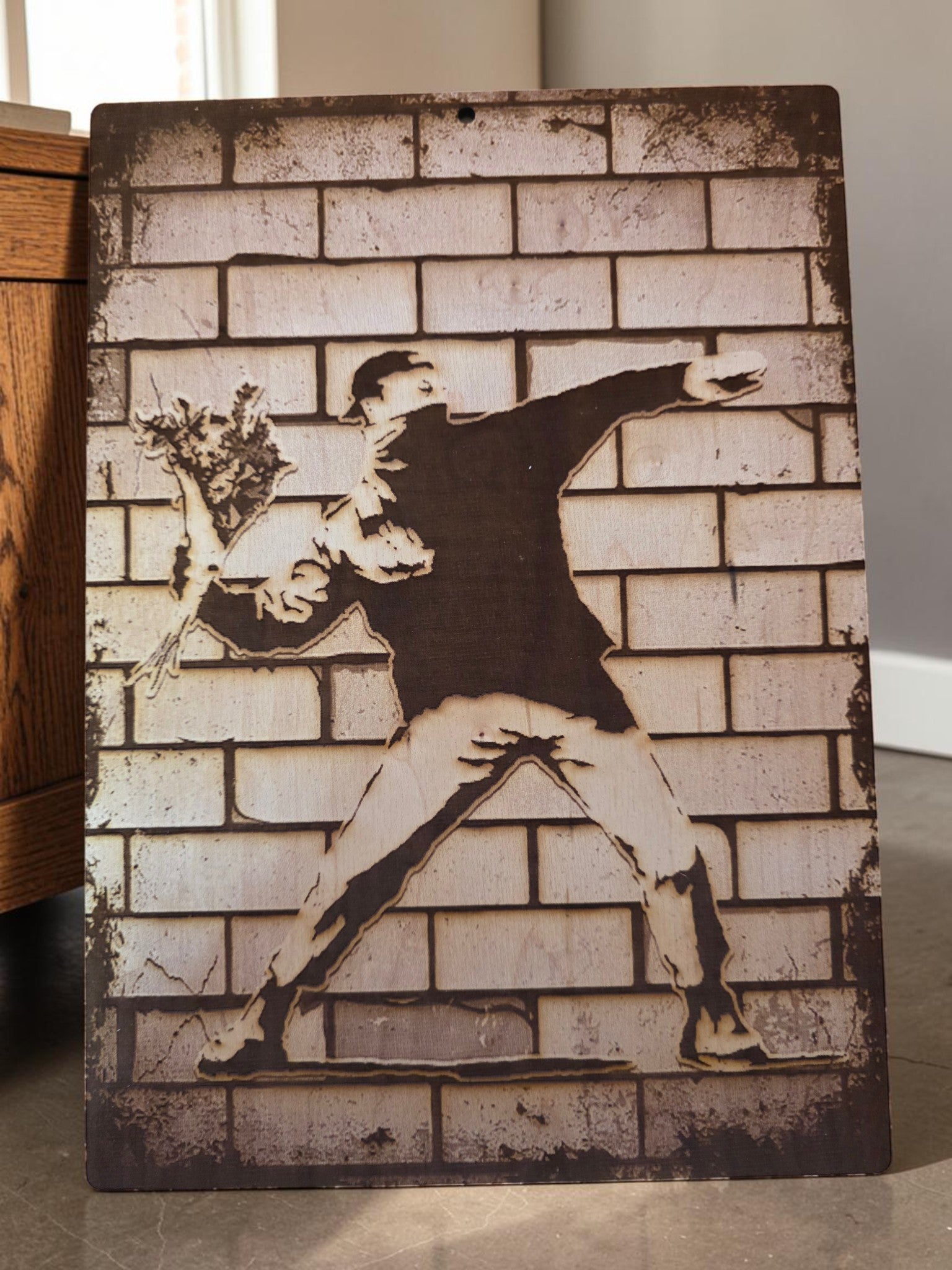 Flower Thrower Street Art Wood Sign | Laser Engraved Maple Wall Art | 11x14 Banksy-Inspired Brick Wall Decor