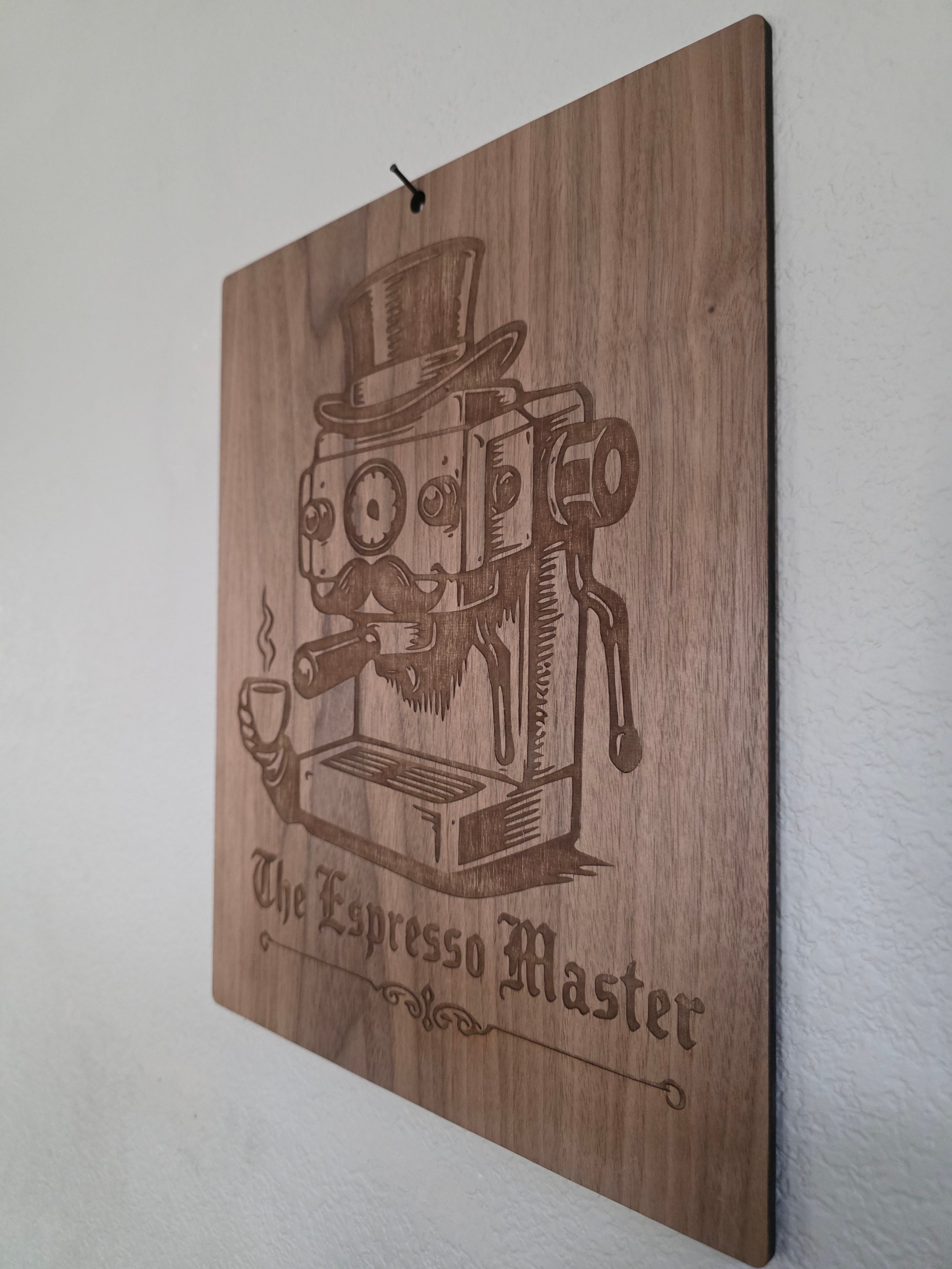 The Espresso Master Gentleman – 11" x 17" Engraved Walnut Coffee Wall Art