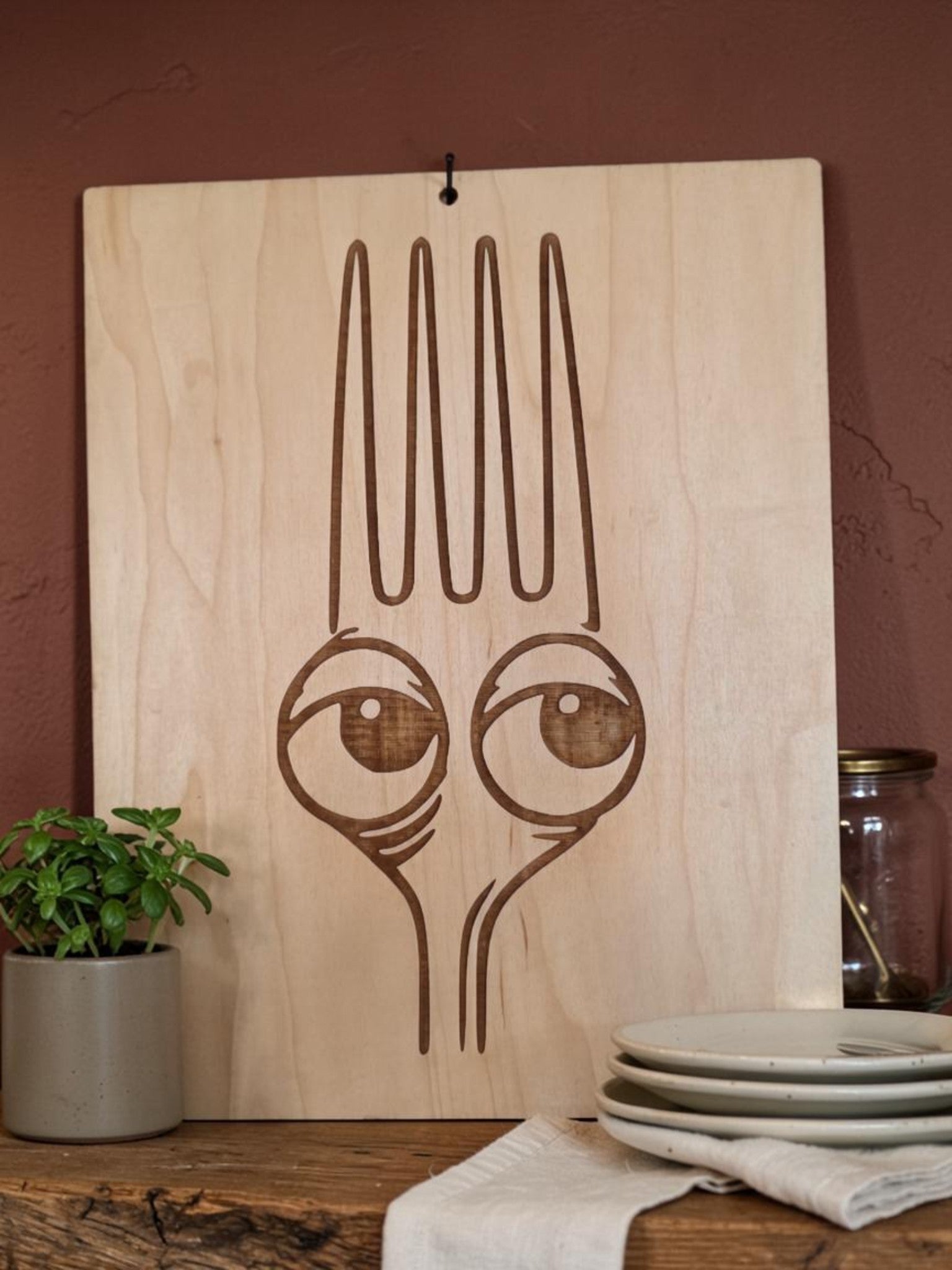 Whimsical Fork Face Maple Wall Art – 11" x 17" Laser Engraved Kitchen Décor
