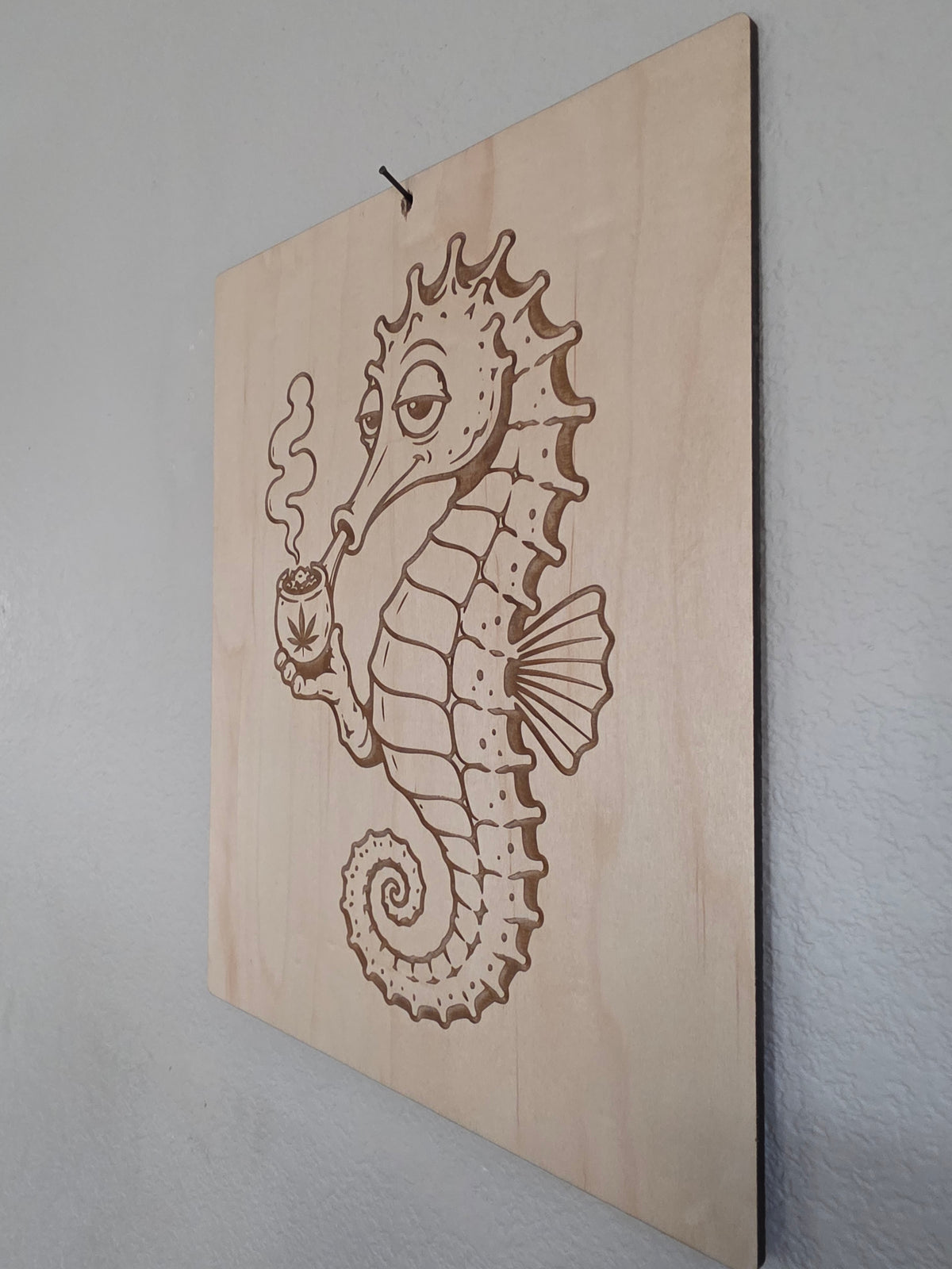 Chill Seahorse Smoking – 11" x 17" Engraved Maple 420 Wall Art