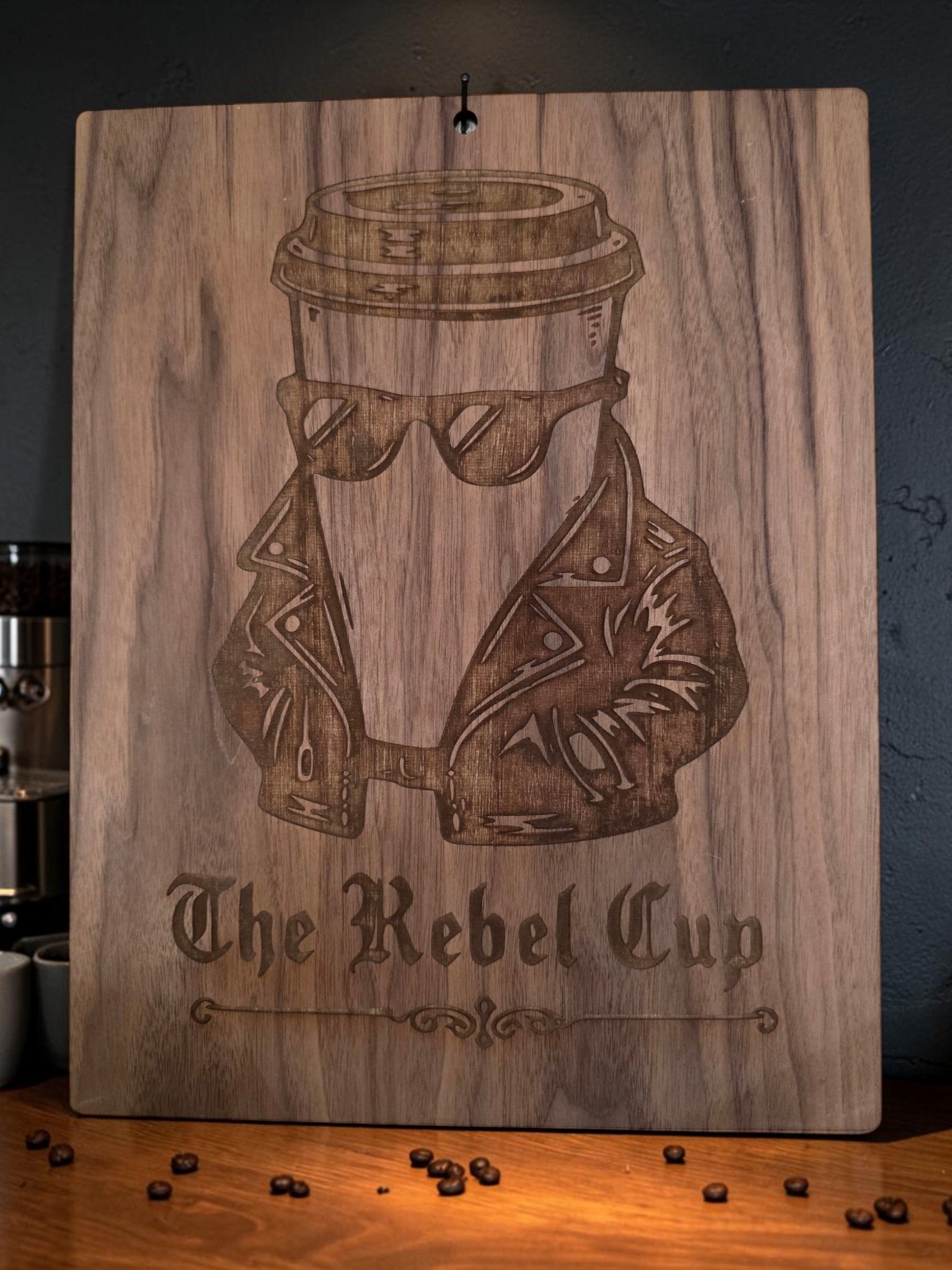 The Rebel Cup – 11" x 17" Engraved Walnut Coffee Wall Art