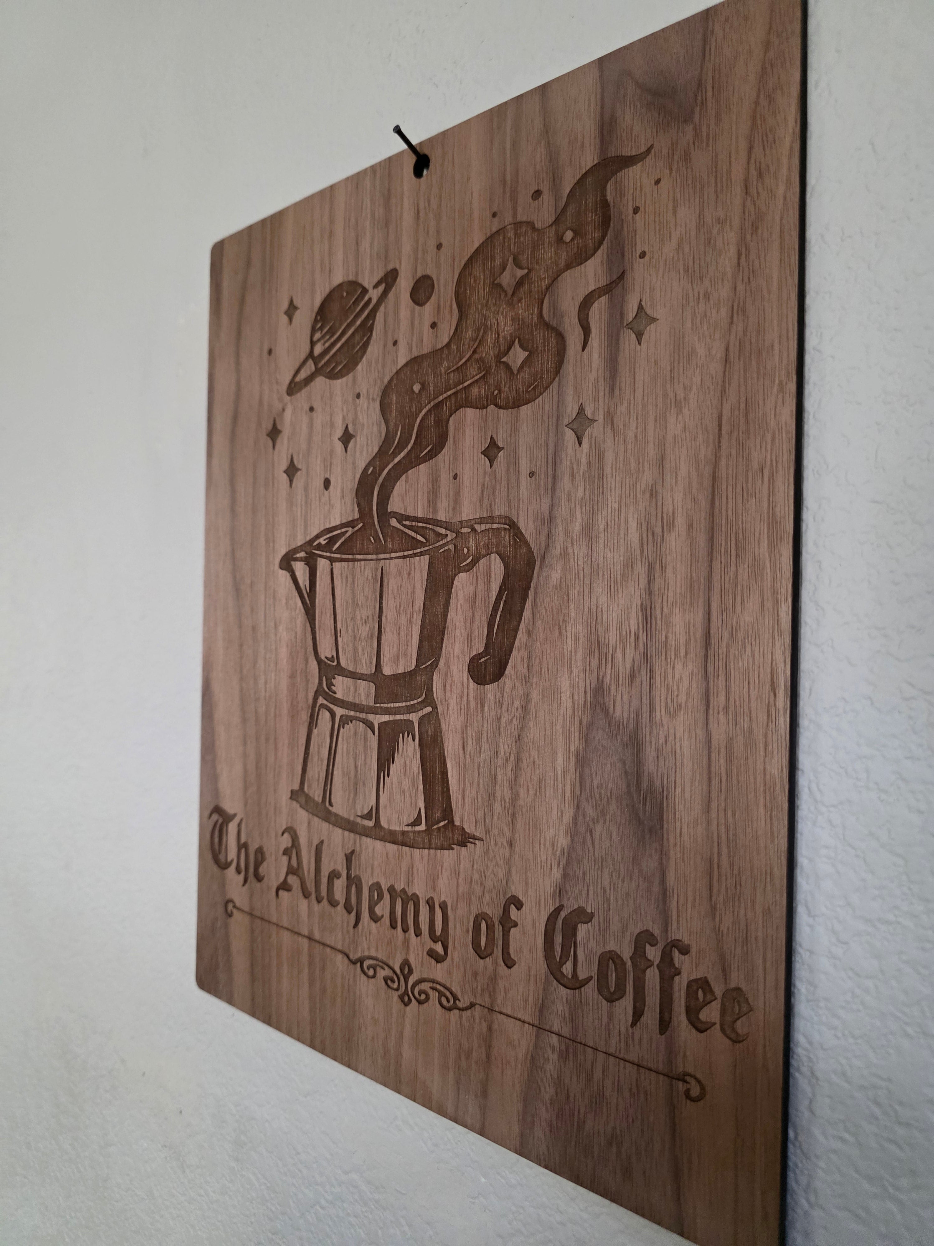The Alchemy of Coffee – 11" x 17" Engraved Walnut Coffee Wall Art