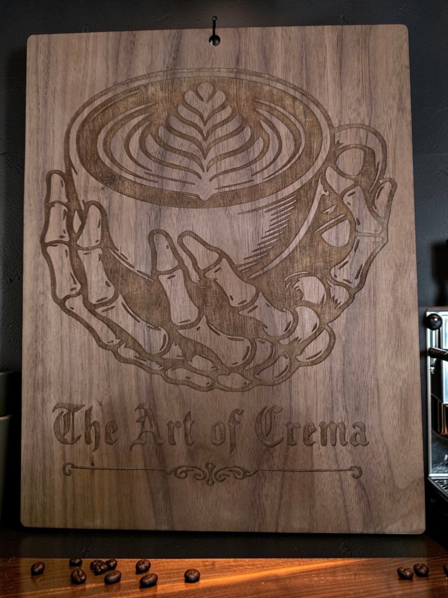 The Art of Crema – 11" x 17" Engraved Walnut Coffee Wall Art