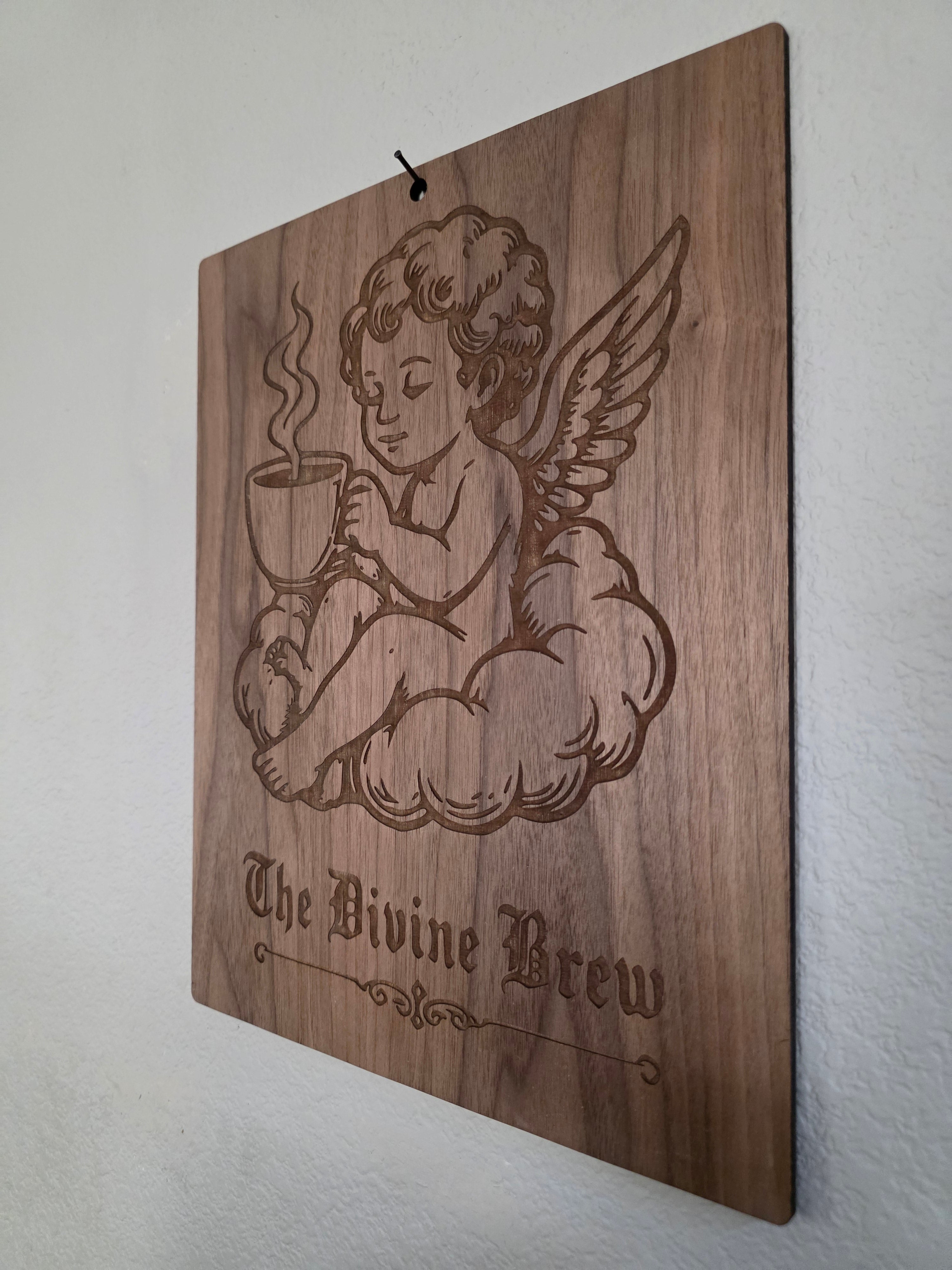 The Divine Brew – 11" x 17" Engraved Walnut Angel Coffee Wall Art