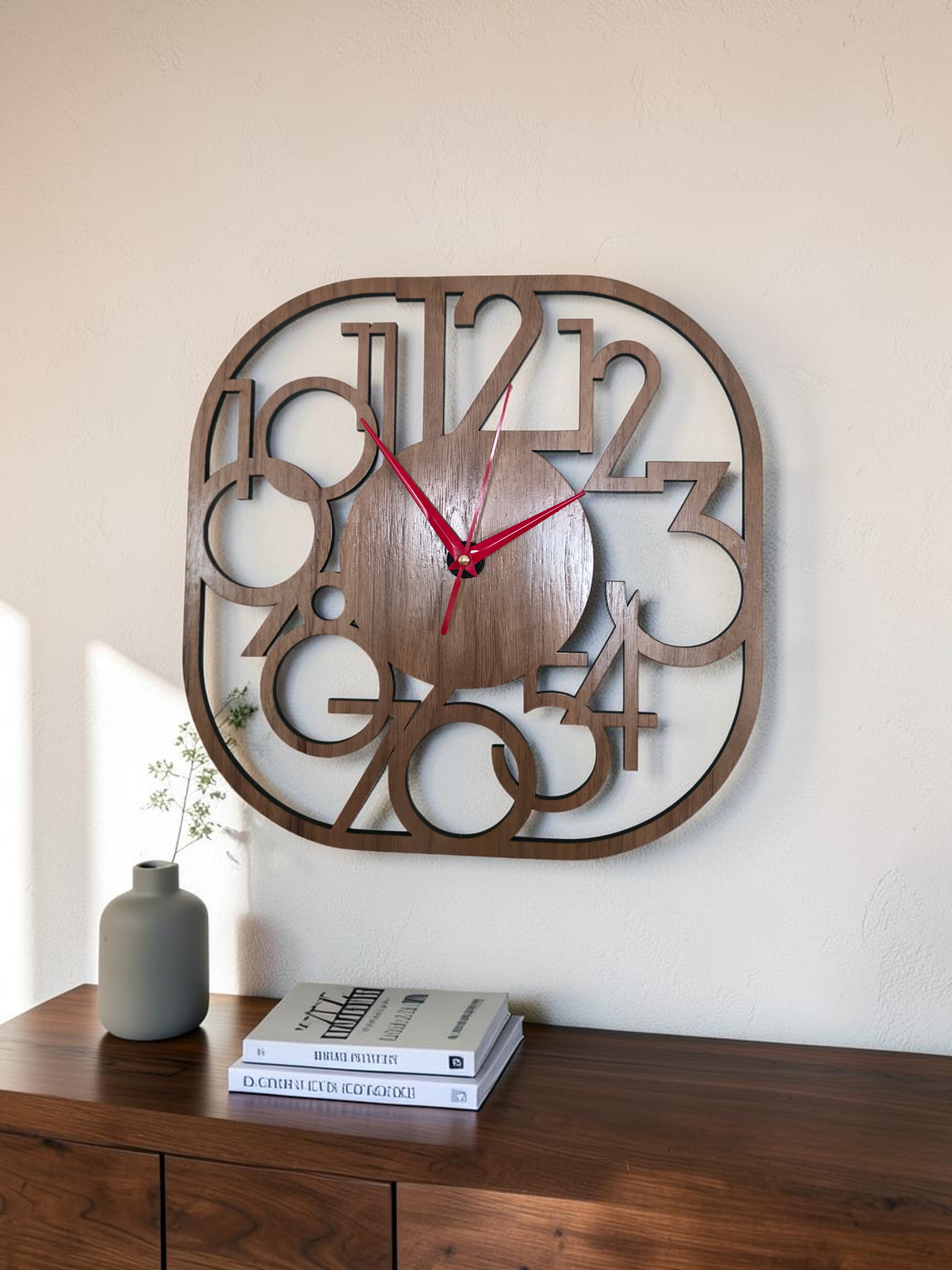 Abstract Walnut Wall Clock with Red Hands – 12-Inch Modern Number Clock