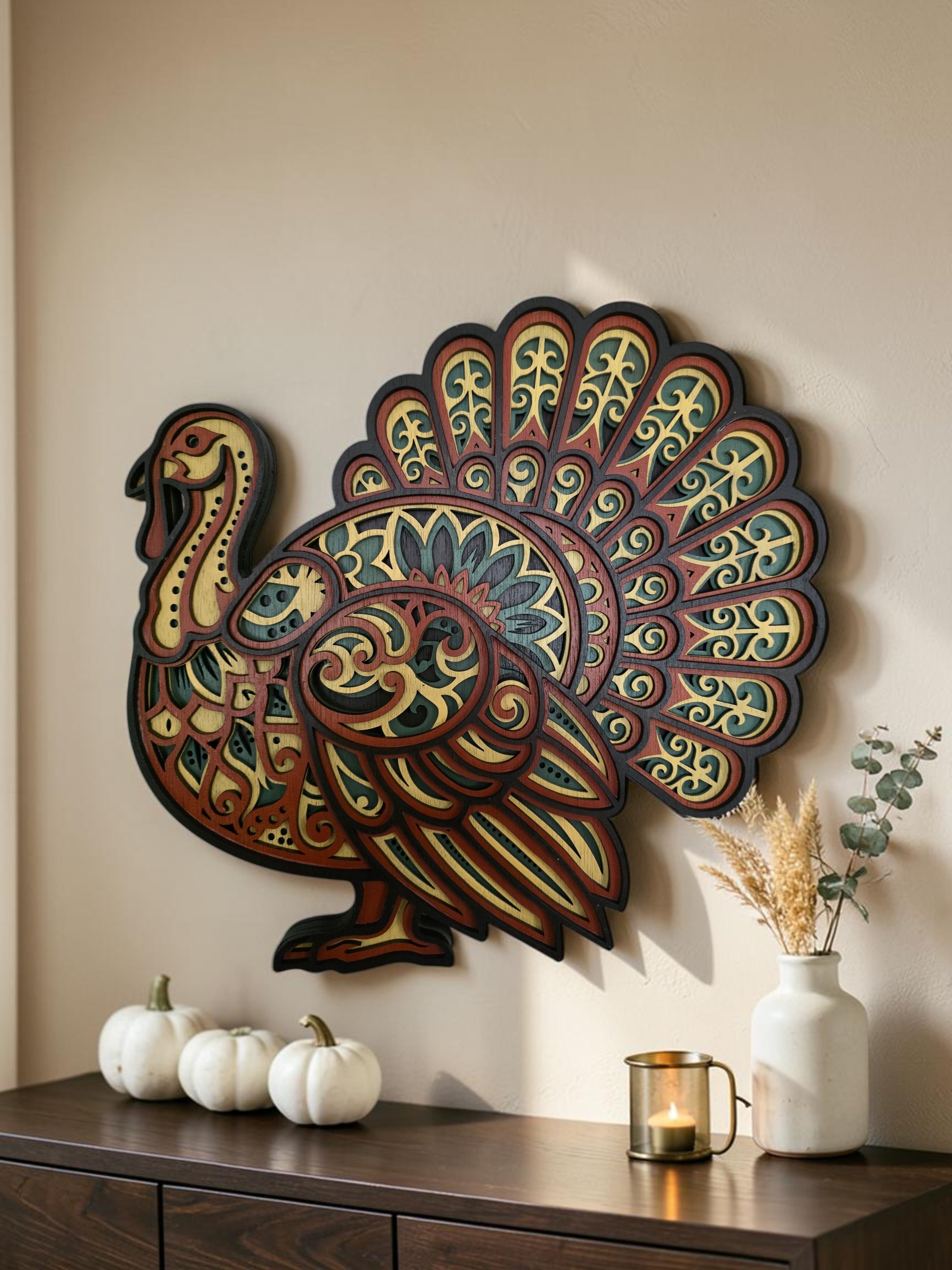 Mandala Turkey Wood Wall Art – Layered Thanksgiving Decor
