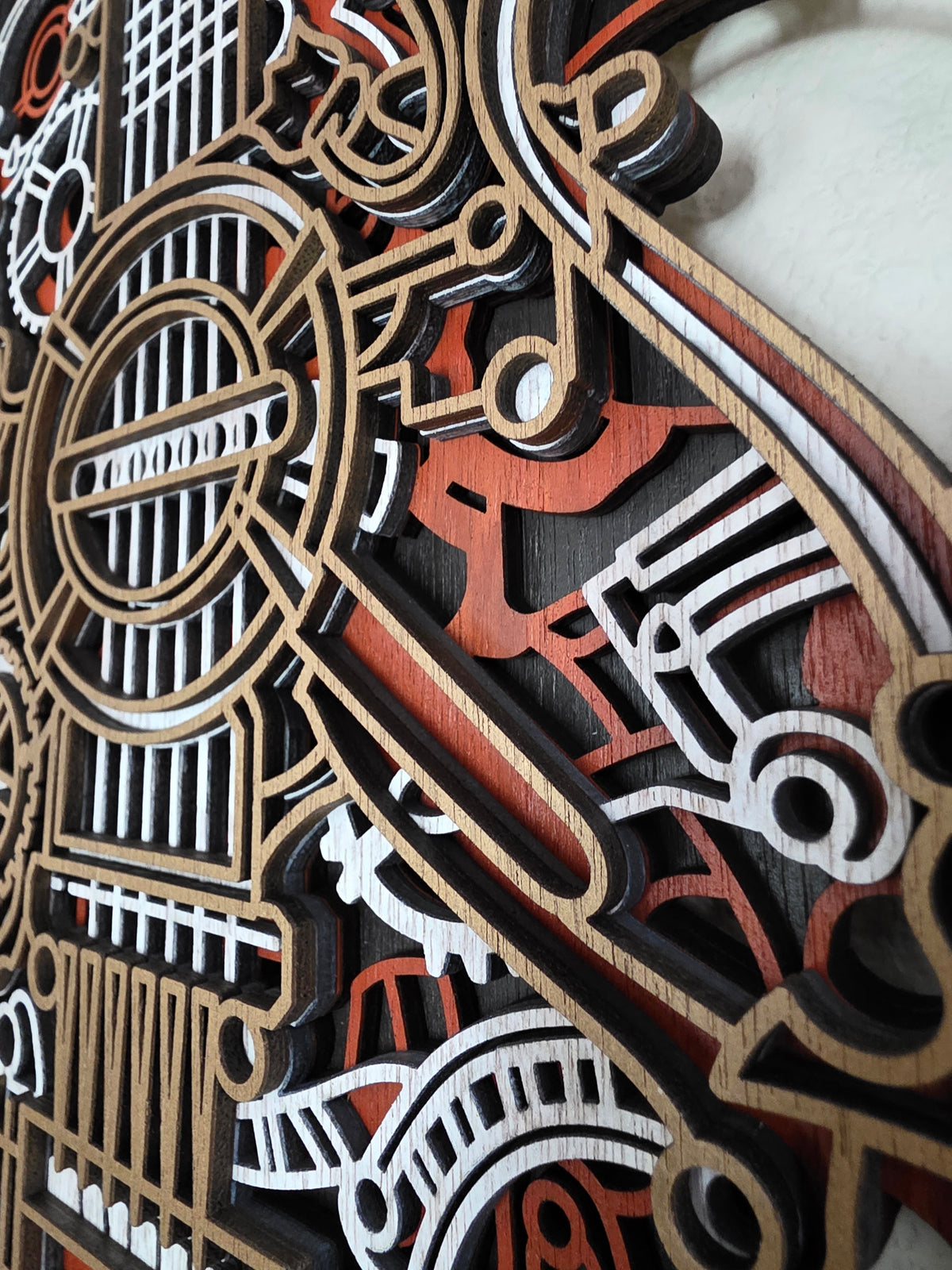 Steampunk Guitar Layered Wood Wall Art – Framed Gear Décor