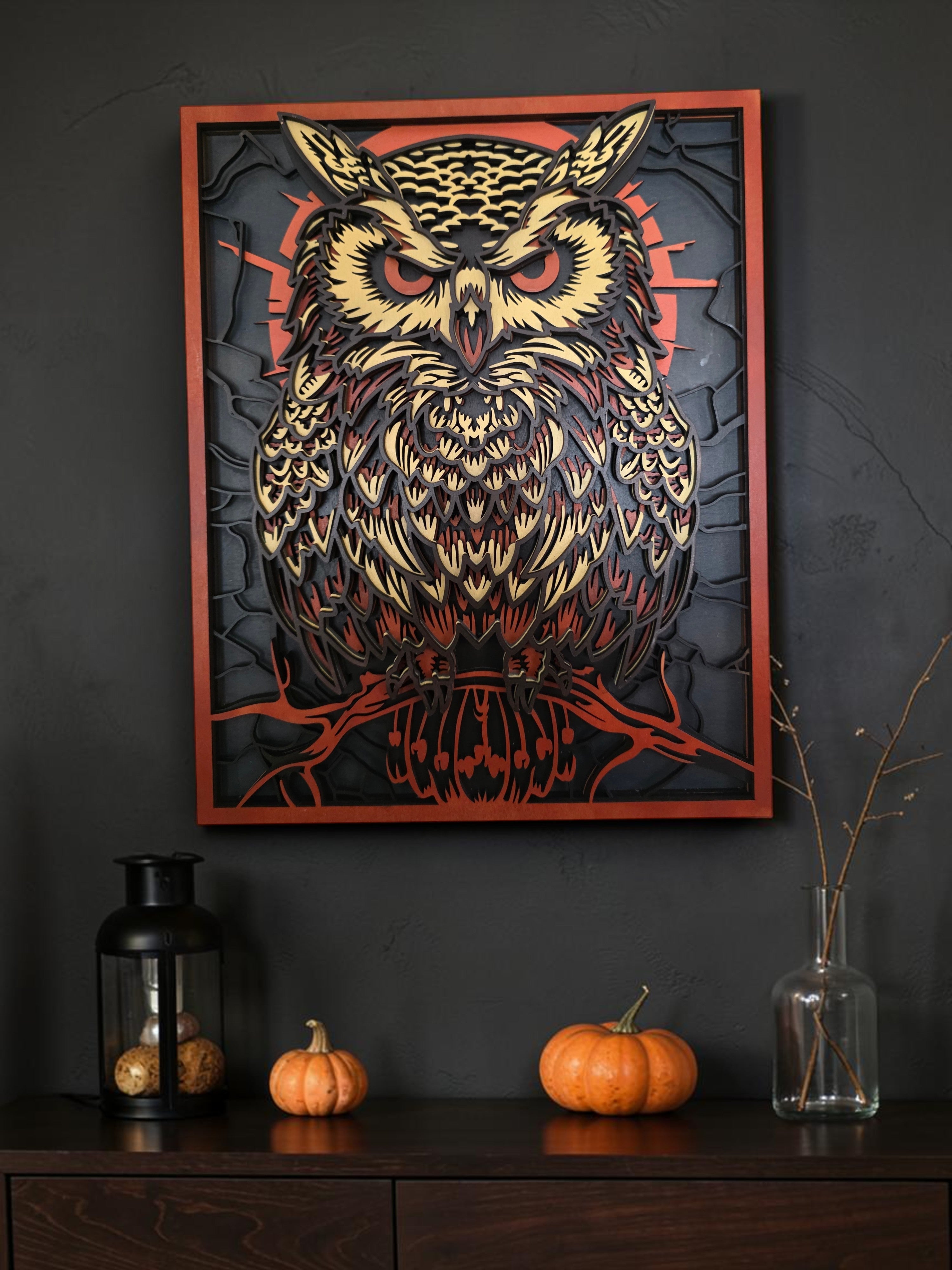 Great Horned Owl Layered Wood Wall Art – Framed Halloween Décor