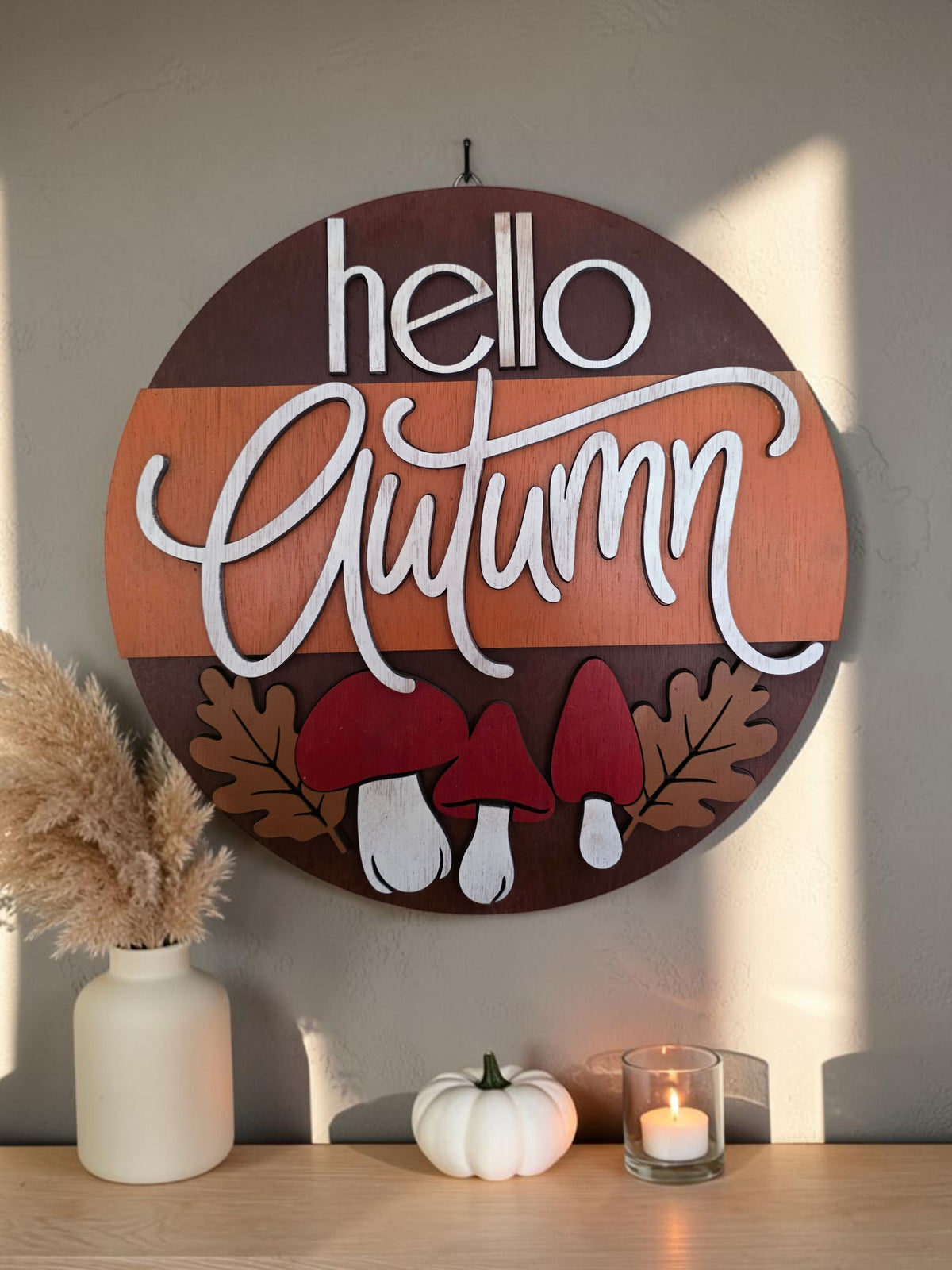 Hello Autumn Mushroom Wood Sign – Round Fall Décor