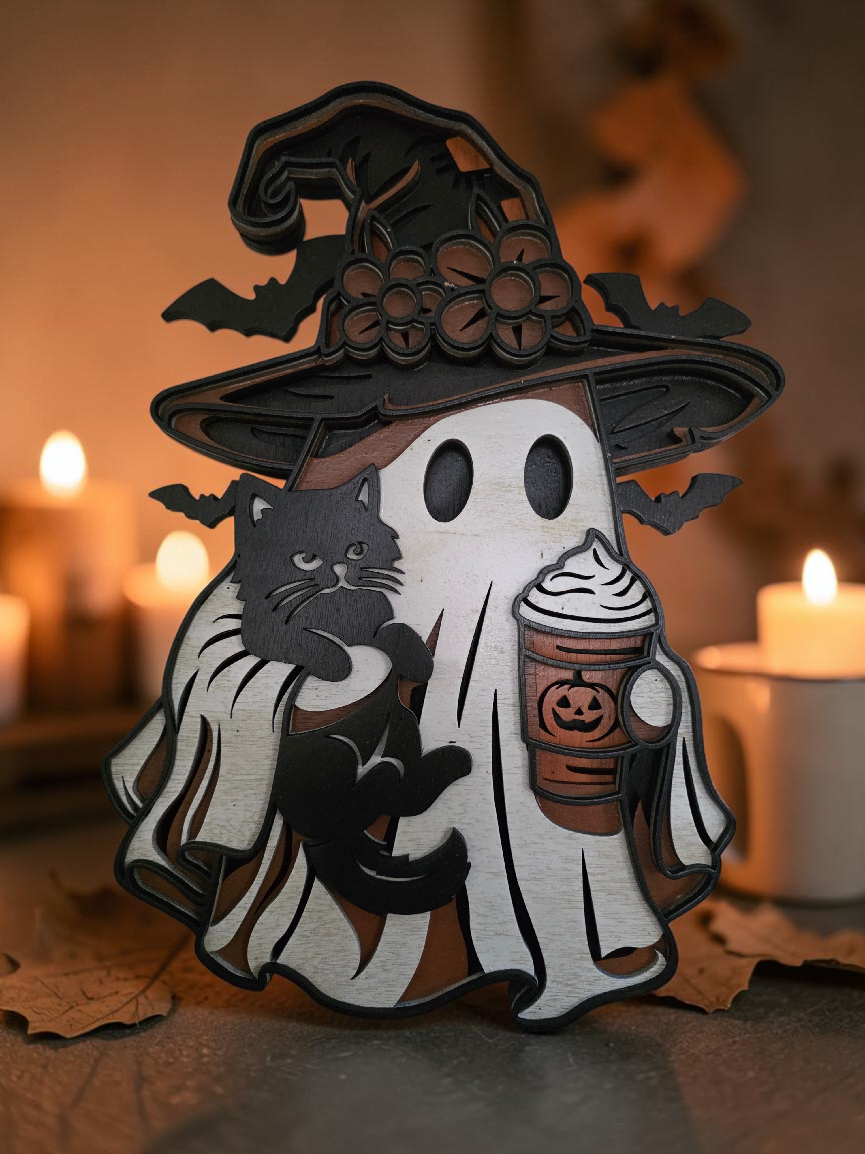 Witchy Ghost with Black Cat & Pumpkin Latte Layered Wood Wall Art – Halloween Décor