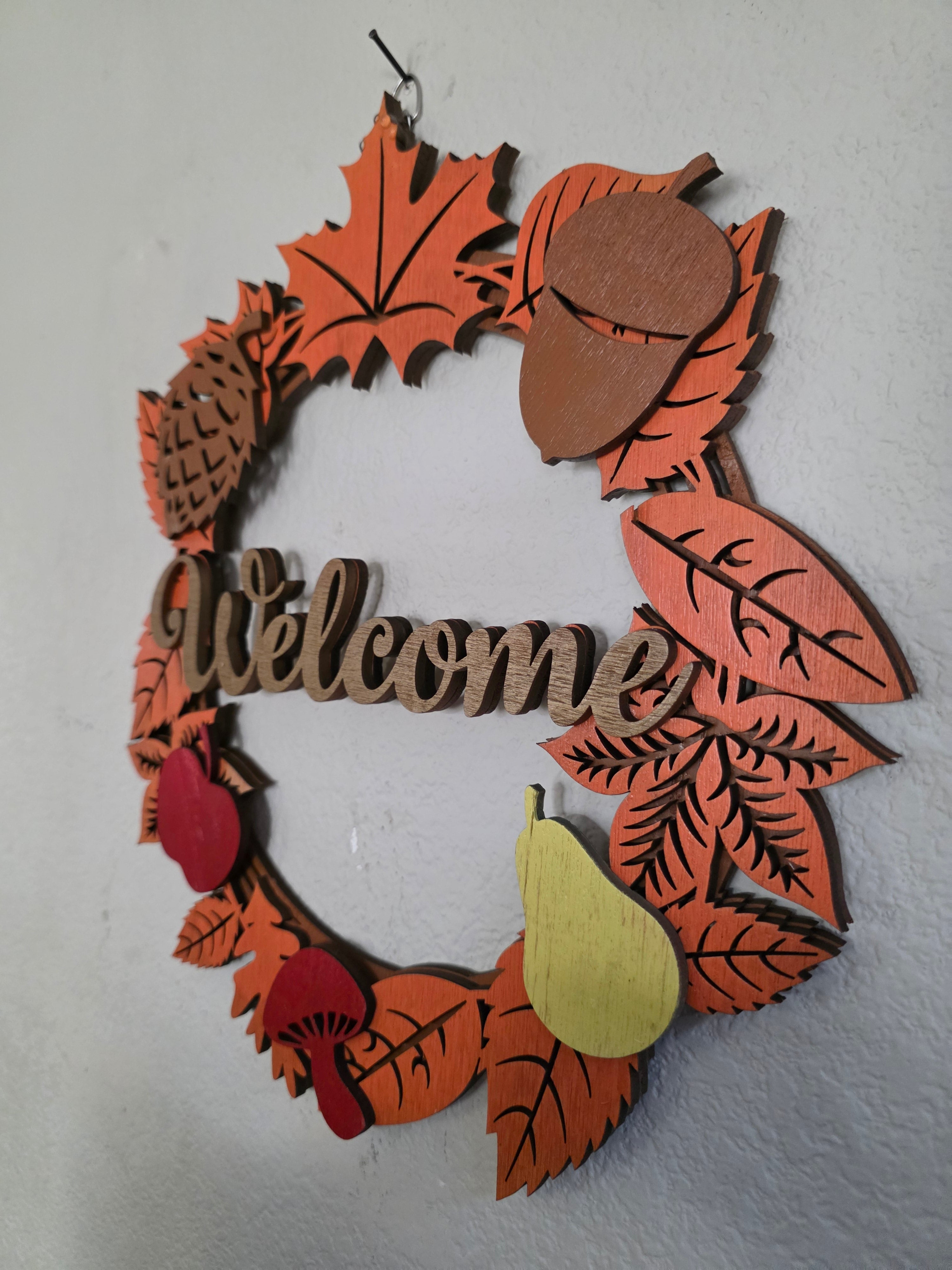 Welcome Fall Foliage Wreath Layered Wood Wall Art – Autumn Door Décor