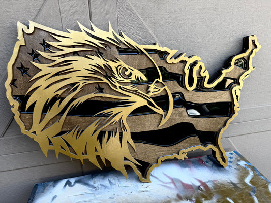 30" Tri-Layer Birch Wood USA Wall Art with Golden Bald Eagle Cutout & Epoxy Resin Inlay – Patriotic Wooden Decor
