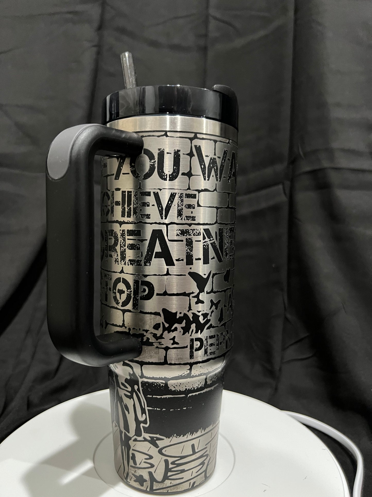 V1 Custom Street Art BANKSY Engraved 30oz Black Stanley Quencher H20 Flowstate Tumbler With Text
