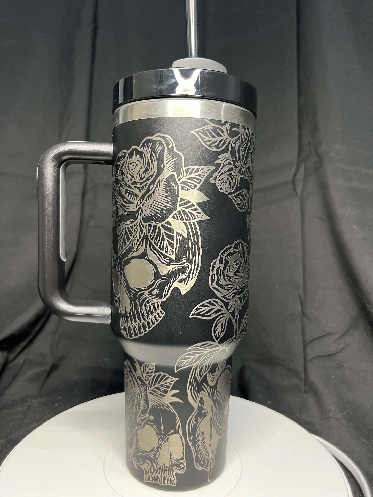 Skull and Roses Laser Engraved 40oz Black Tumbler with Handle, FREE SHIPPING!