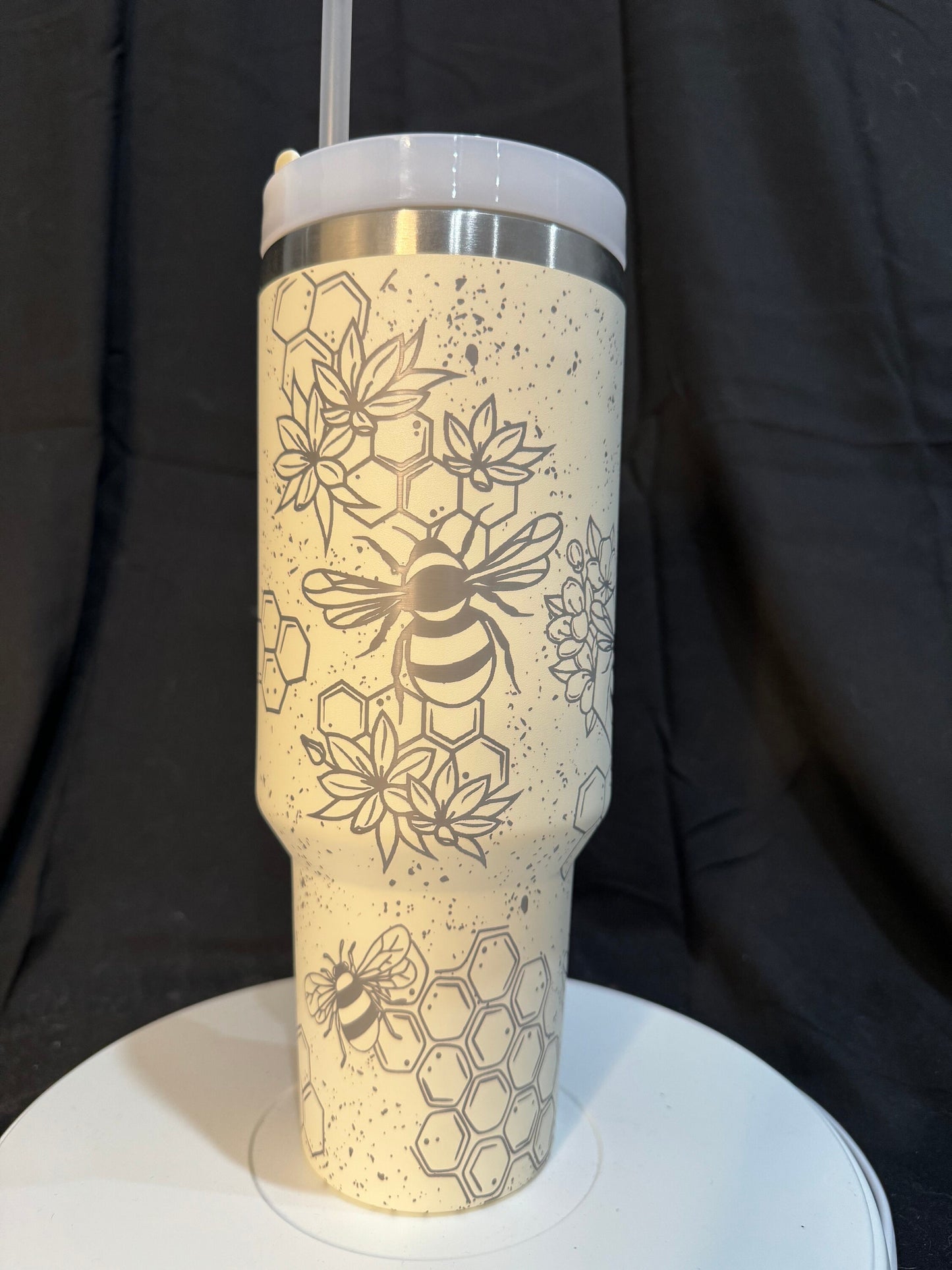 Bumblebee Honeycomb Distressed Laser Engraved 40oz Cream Tumbler with Handle, FREE SHIPPING!