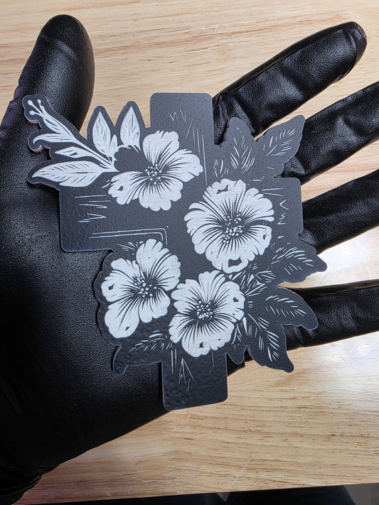 ✝️ 4" Cross w/ Flowers Emblem v2 – Black & White | 3M VHB Backed