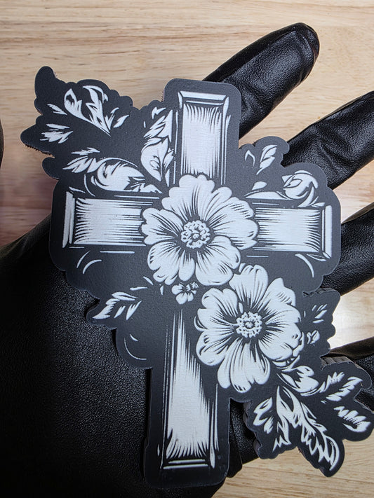 ✝️ 4" Cross w/ Flowers Emblem – Black & White | 3M VHB Backed