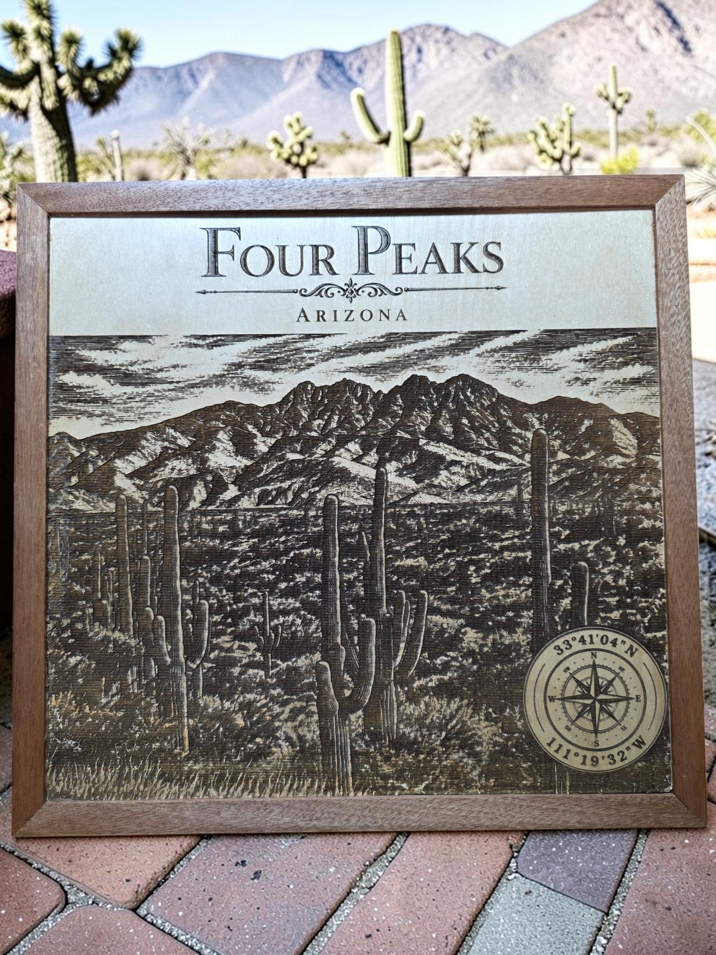 Four Peaks Arizona Laser Engraved Wood Wall Art with Solid Mahogany Frame