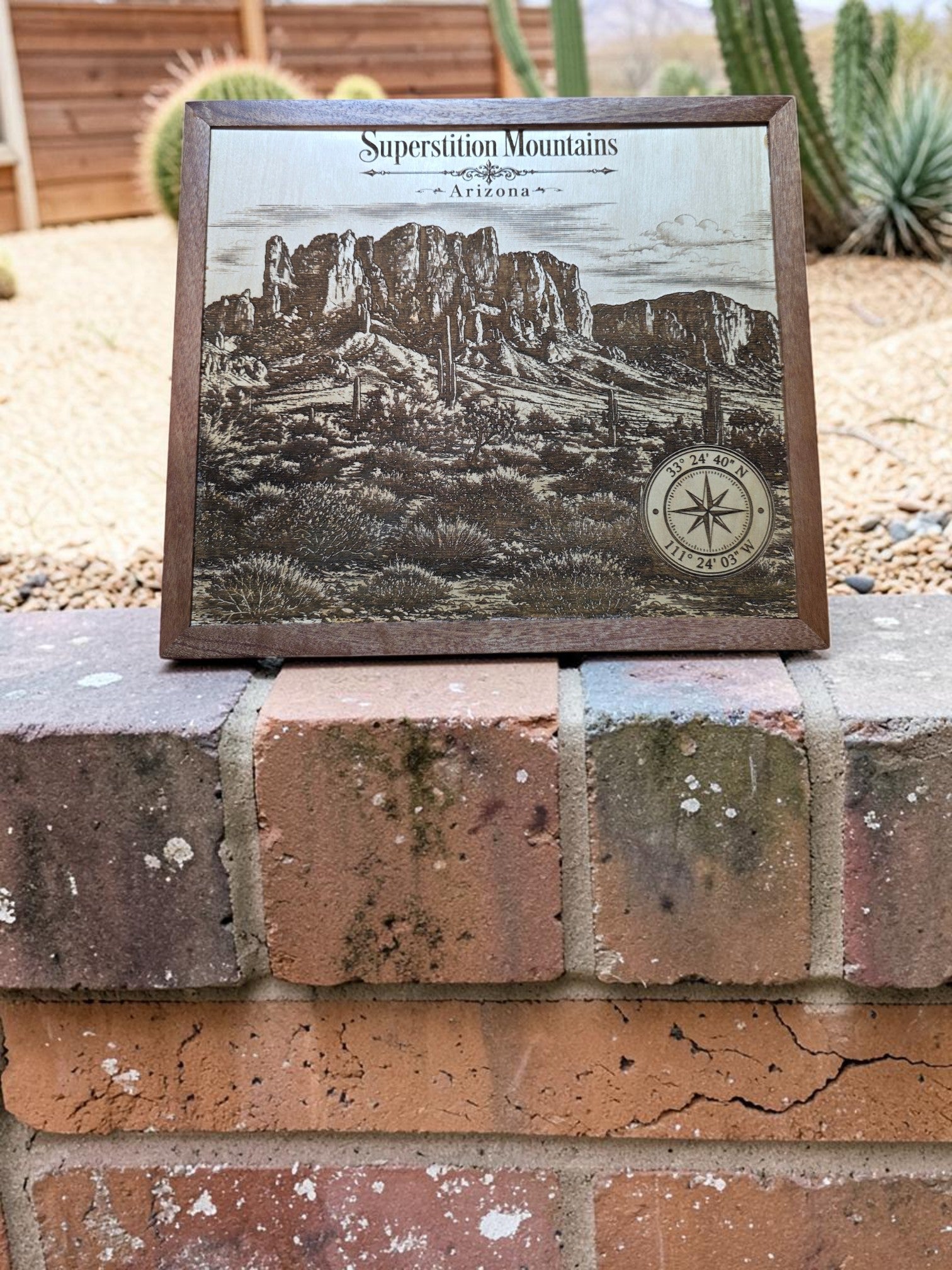 Superstition Mountains Arizona Laser Engraved Wood Wall Art with Solid Mahogany Frame