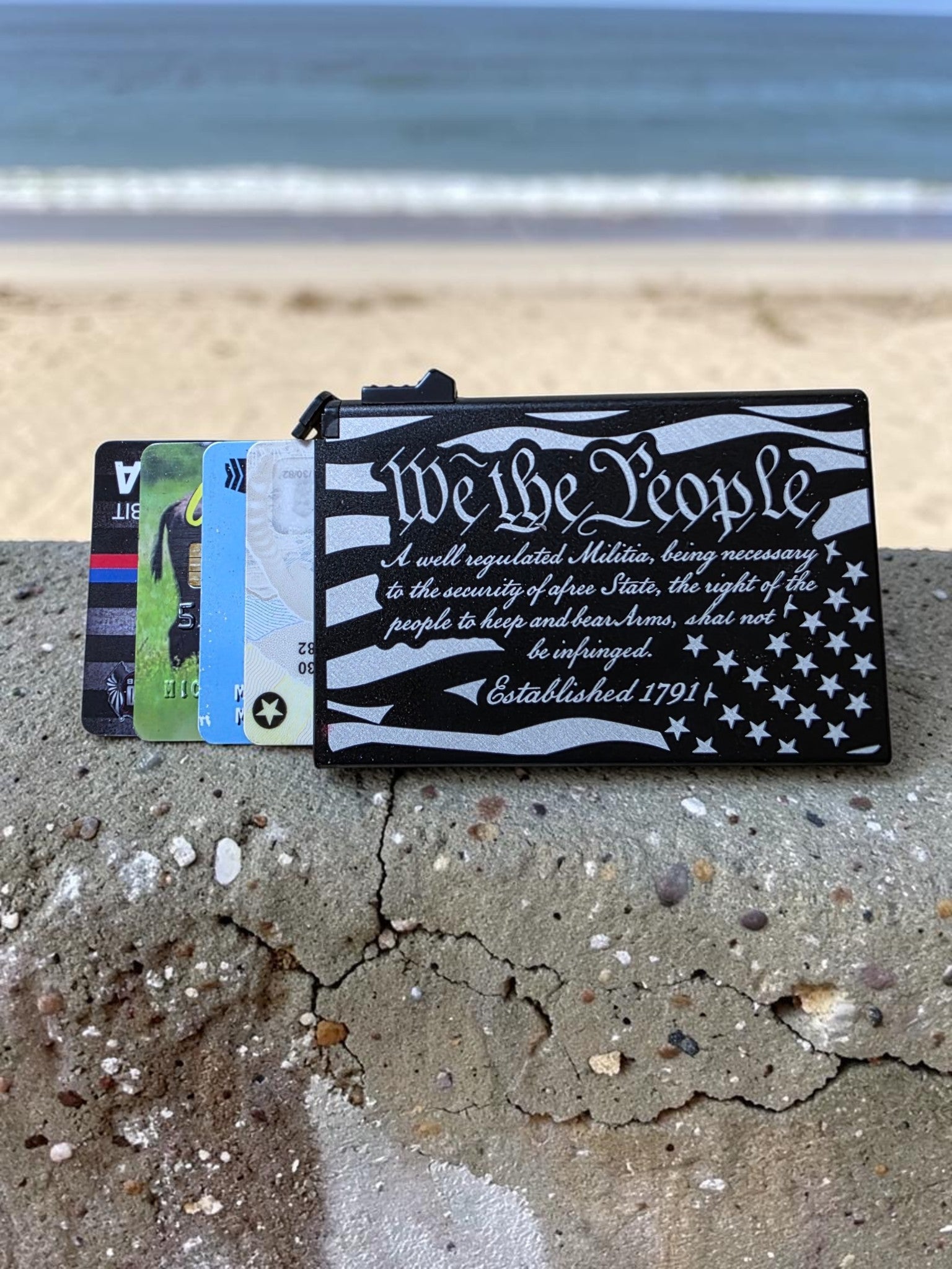 “We The People” Engraved Powder Coated Aluminum Metal Wallet – Double-Sided 5 Card Holder