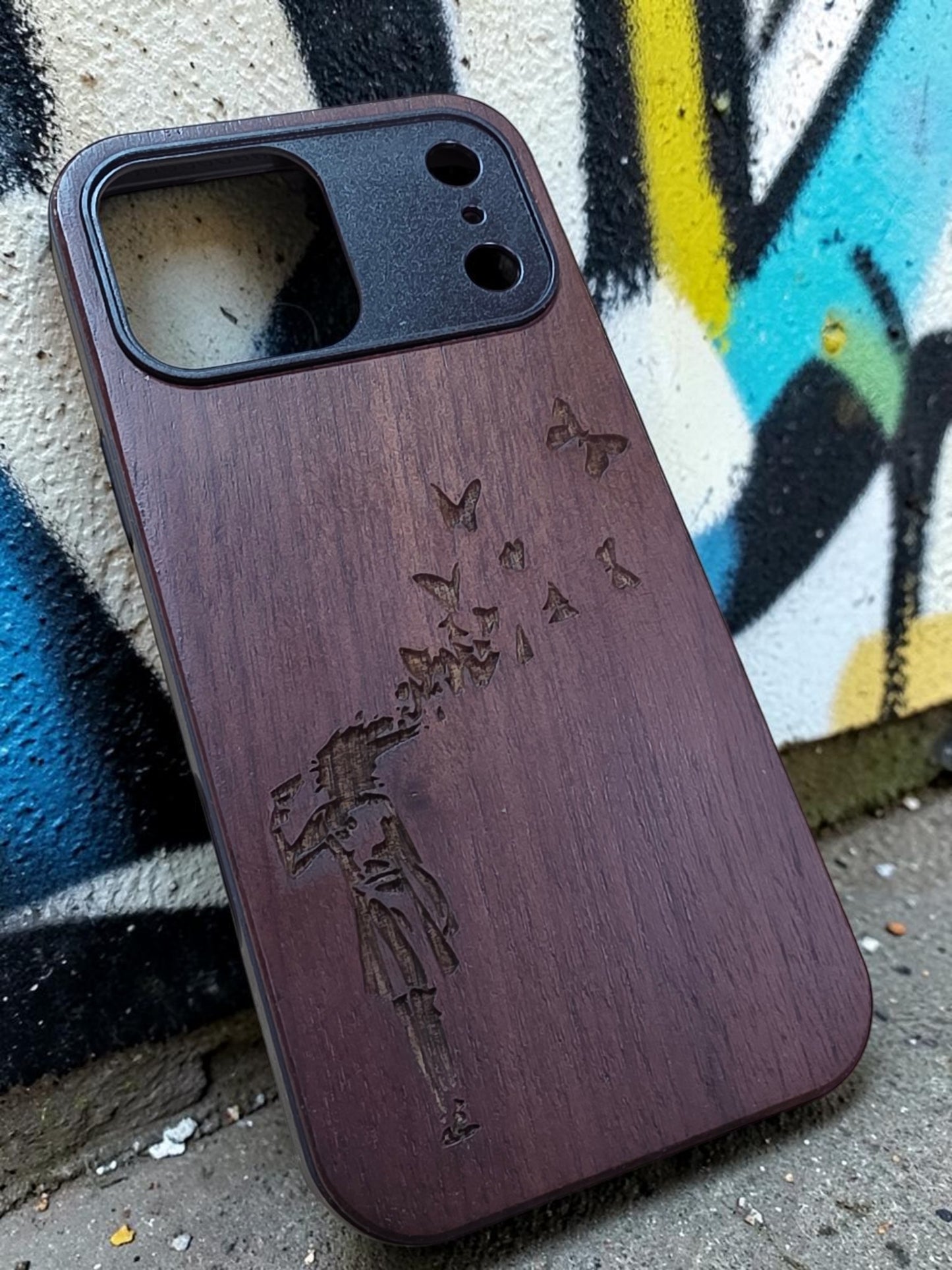 Butterfly Girl Walnut Wood Phone Case – Street Art Inspired | iPhone 17 Pro & 17 Pro Max