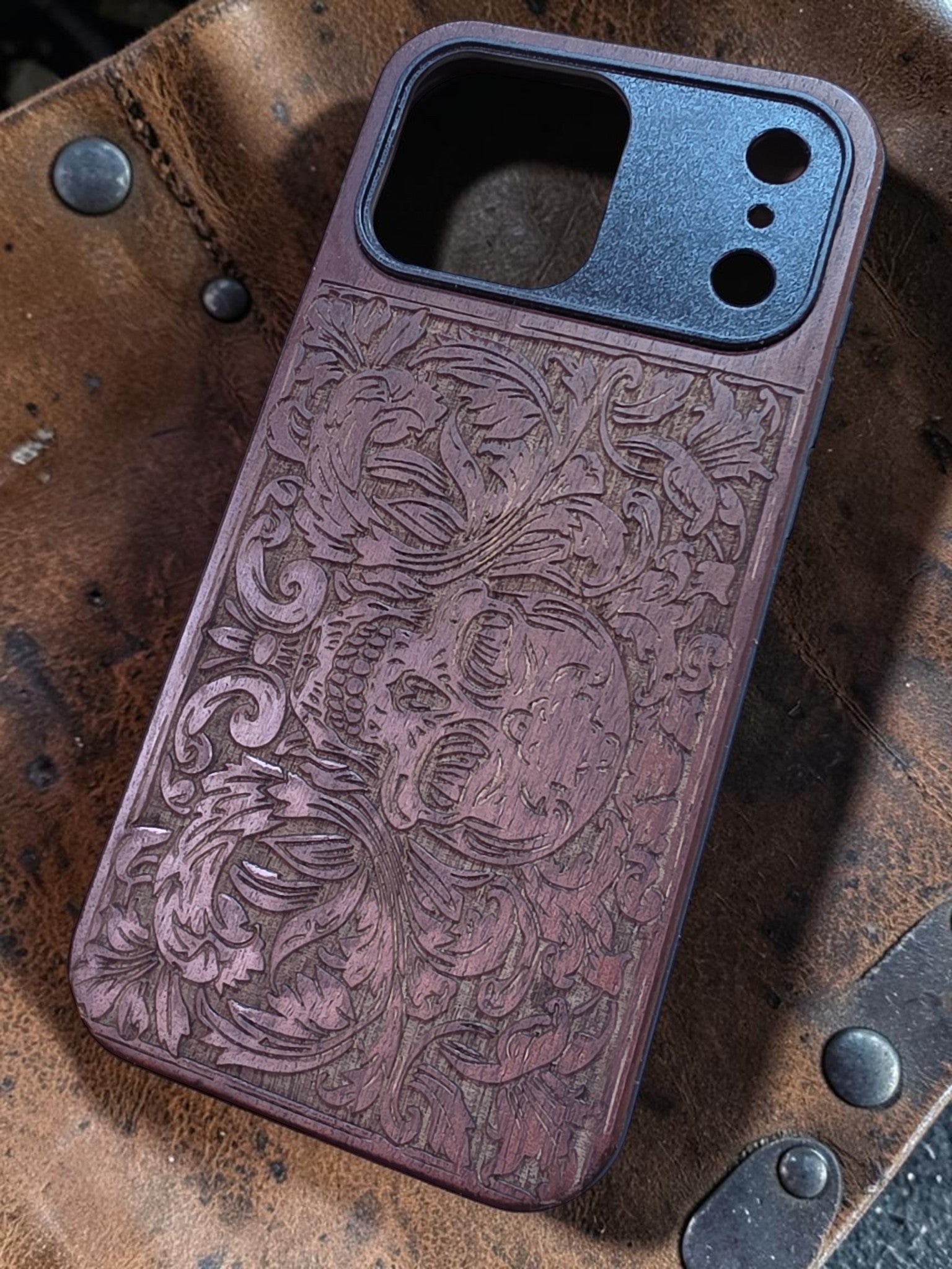 Ornate Skull Walnut Veneer Phone Case – Gothic Floral Design | iPhone 17 Pro & 17 Pro Max
