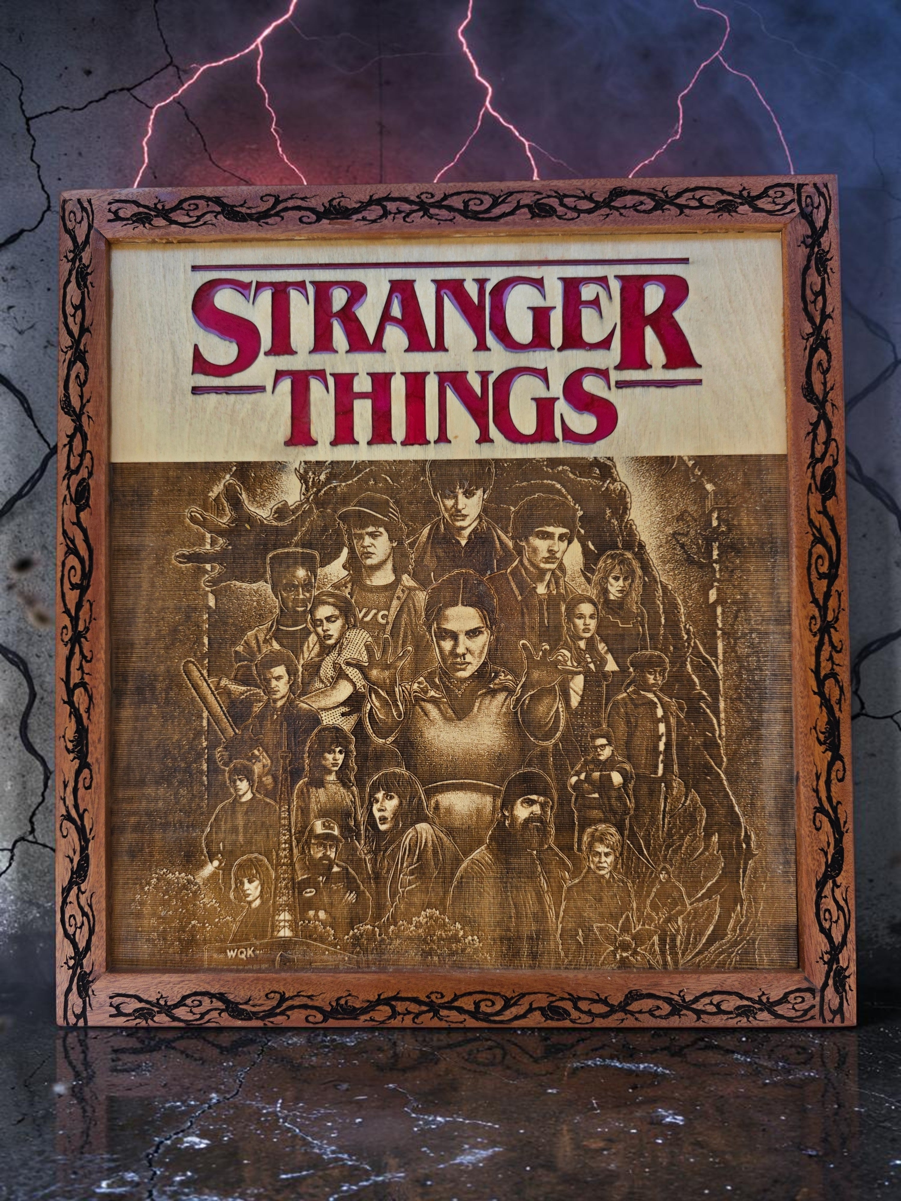 Stranger Things Engraved Birch Portrait – Mahogany Frame with Red Resin Inlay