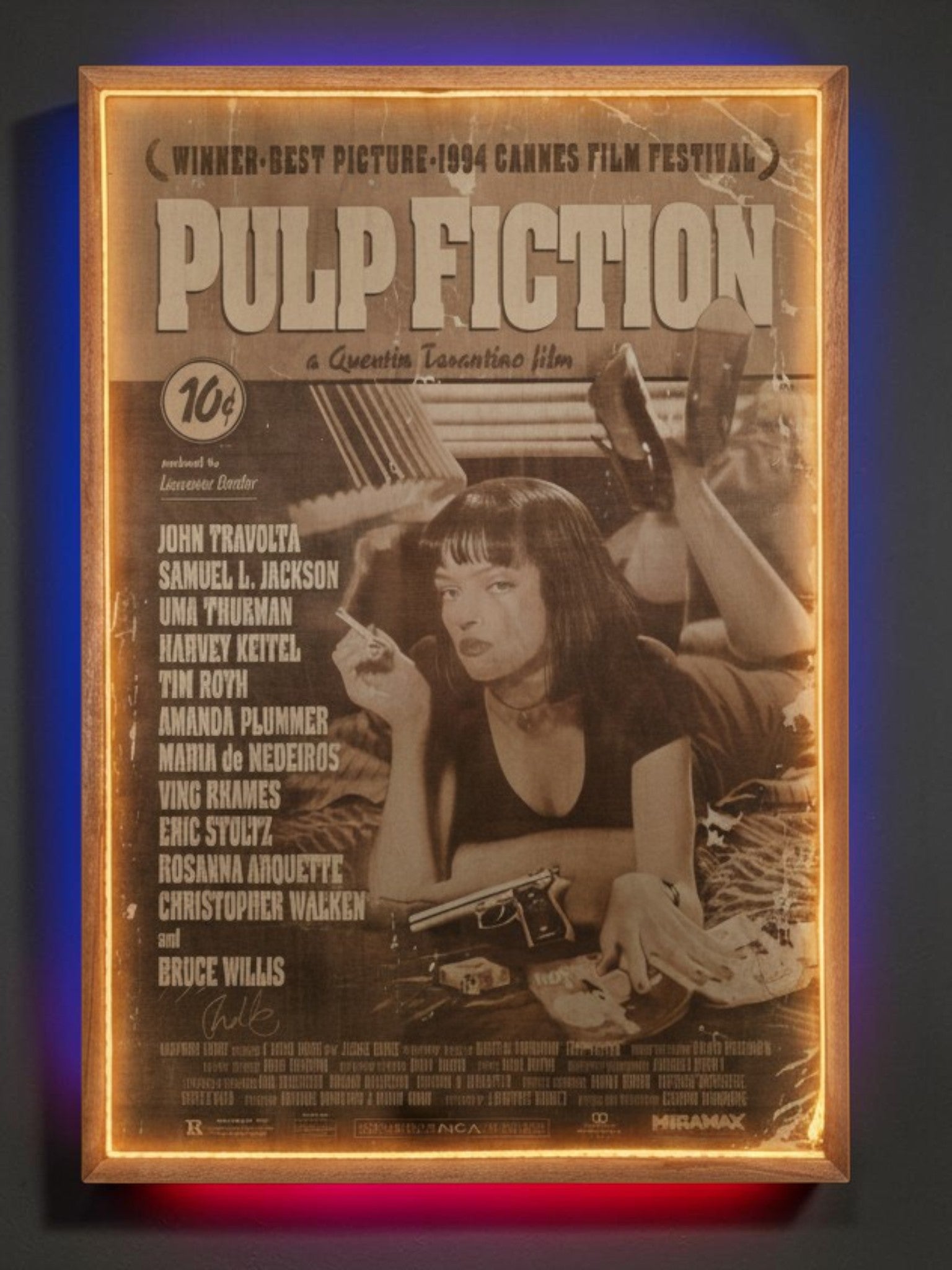 Pulp Fiction Movie Poster LED Wall Art | Backlit Wood Sign with RGB Frame | 30x20 Illuminated Classic Film Decor