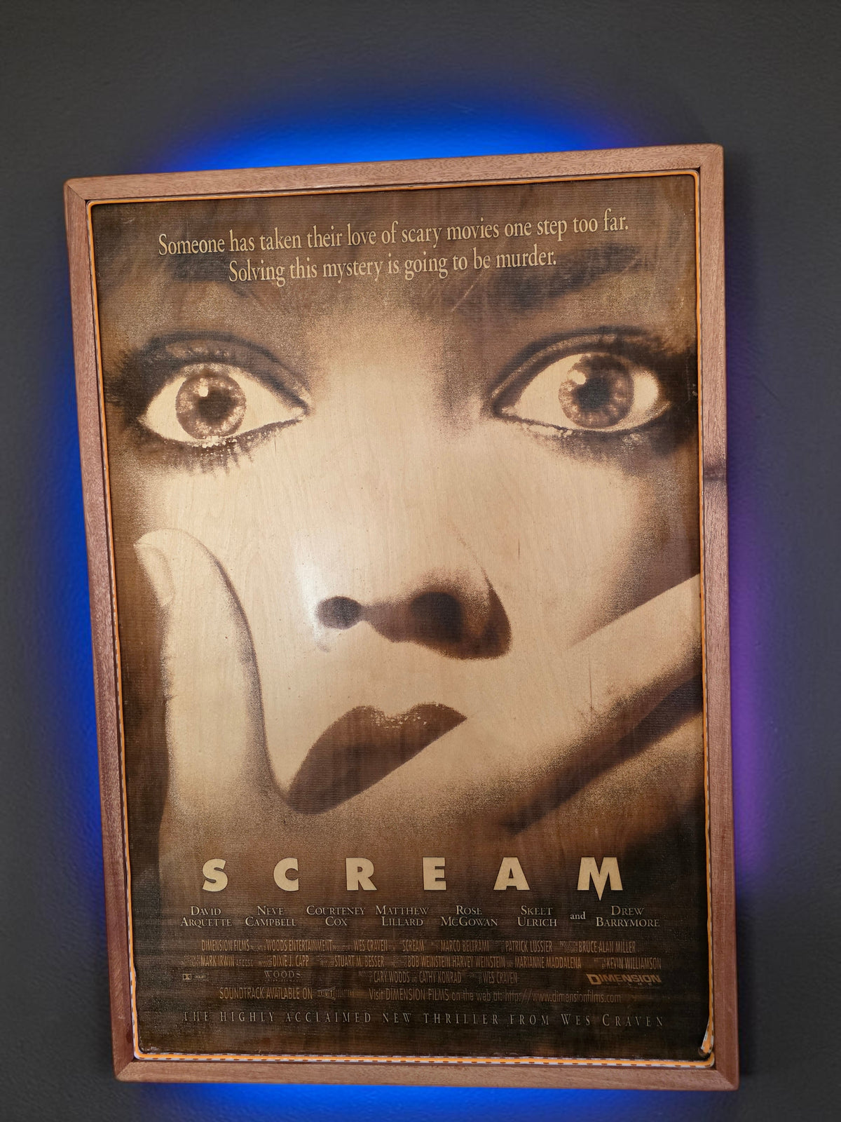 Scream Movie Poster LED Wall Art | Backlit Wood Sign with RGB Frame | 30x20 Illuminated Horror Movie Decor