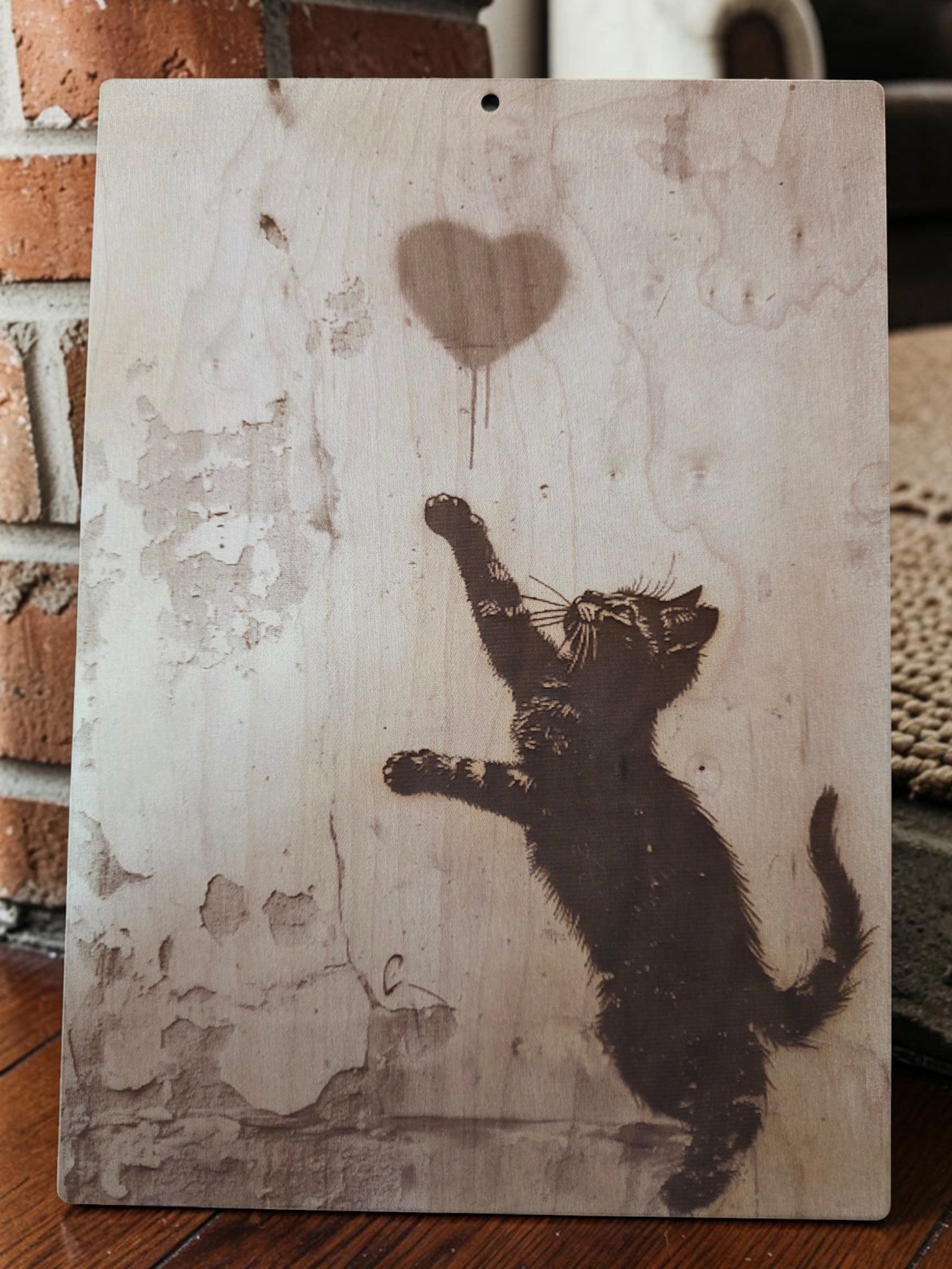 Cat Reaching for Heart Wood Sign | Laser Engraved Maple Street Art | 11x14 Rustic Wall Decor