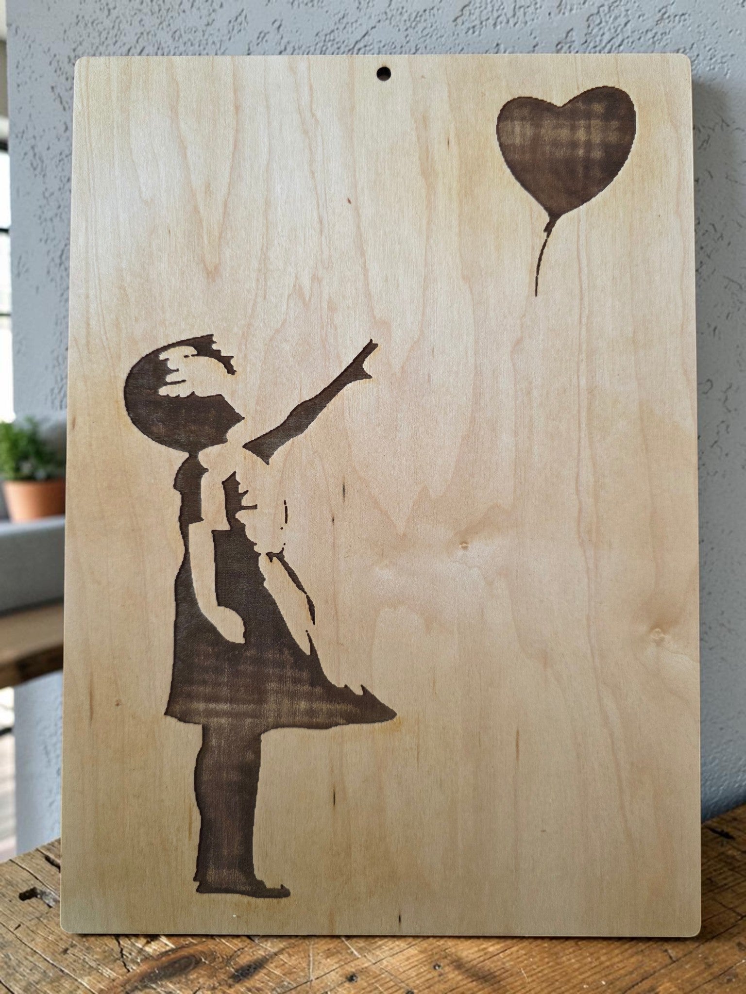 Girl with Heart Balloon Wood Sign | Laser Engraved Maple Street Art | 11x14 Minimalist Wall Decor