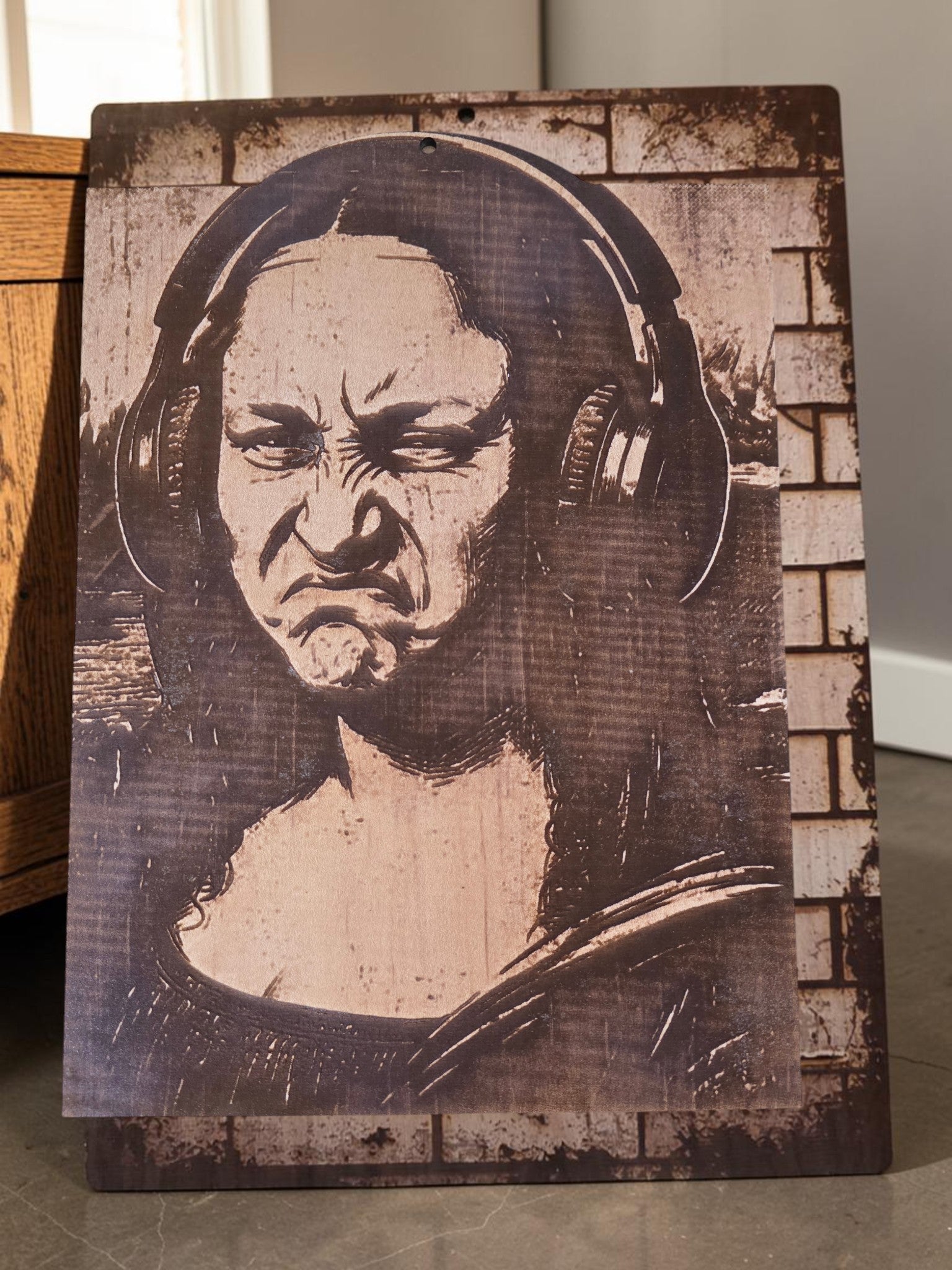 Grumpy Mona Lisa Wood Sign | Laser Engraved Maple Street Art | 11x14 Funny Urban Wall Decor