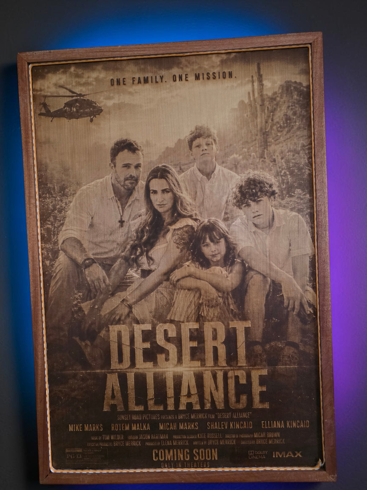 DEPOSIT ONLY - Custom Family Movie Poster Engraving with LED Lighting & Mahogany Frame