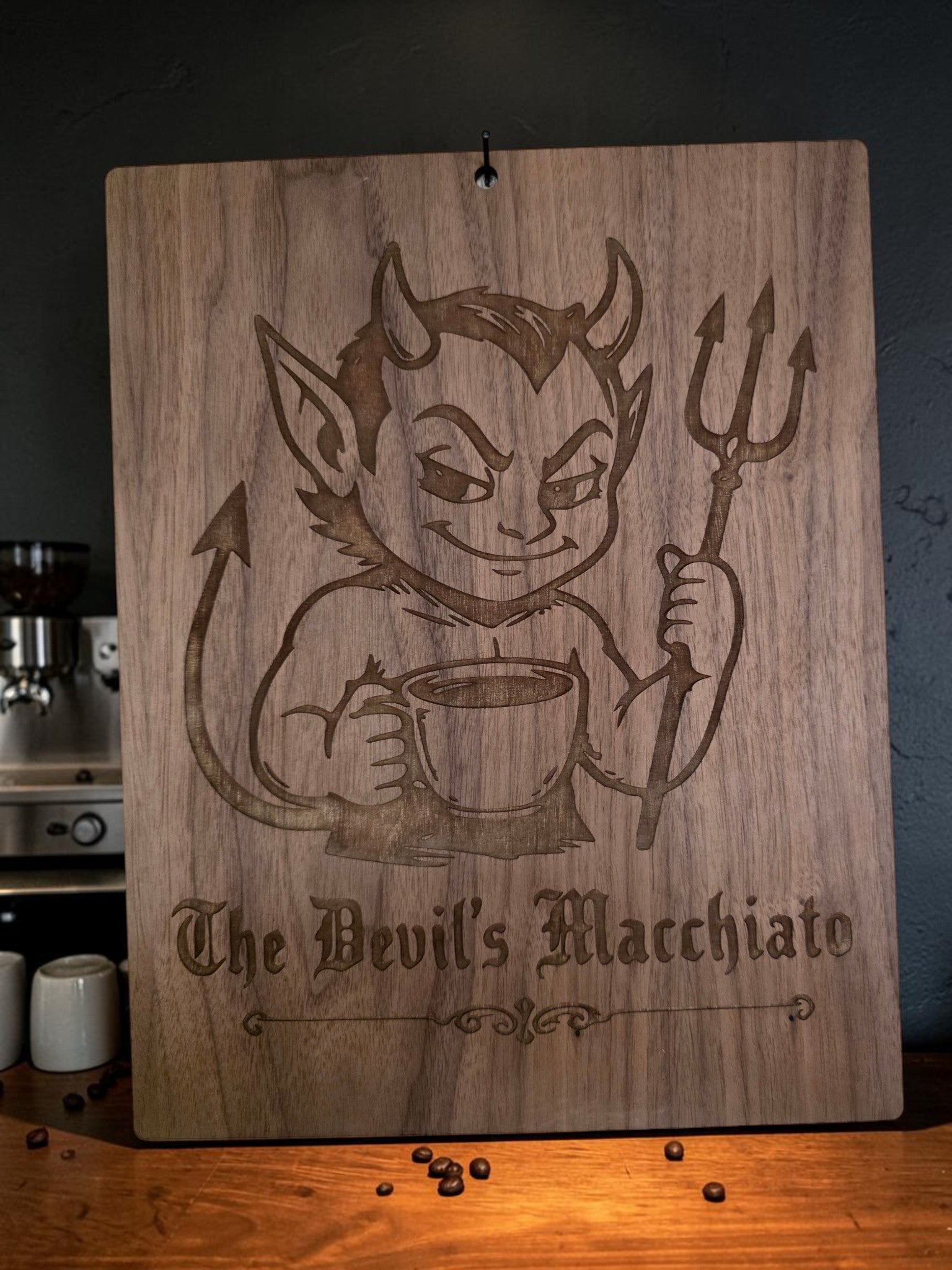 The Devil’s Macchiato – 11" x 17" Engraved Walnut Coffee Wall Art