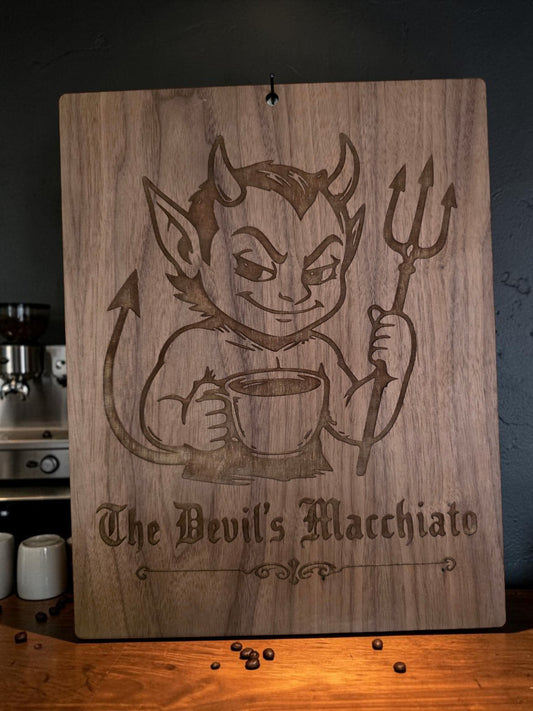 The Devil’s Macchiato – 11" x 17" Engraved Walnut Coffee Wall Art