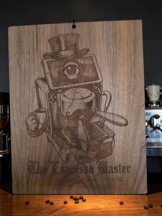 The Espresso Master – 11" x 17" Engraved Walnut Coffee Wall Art
