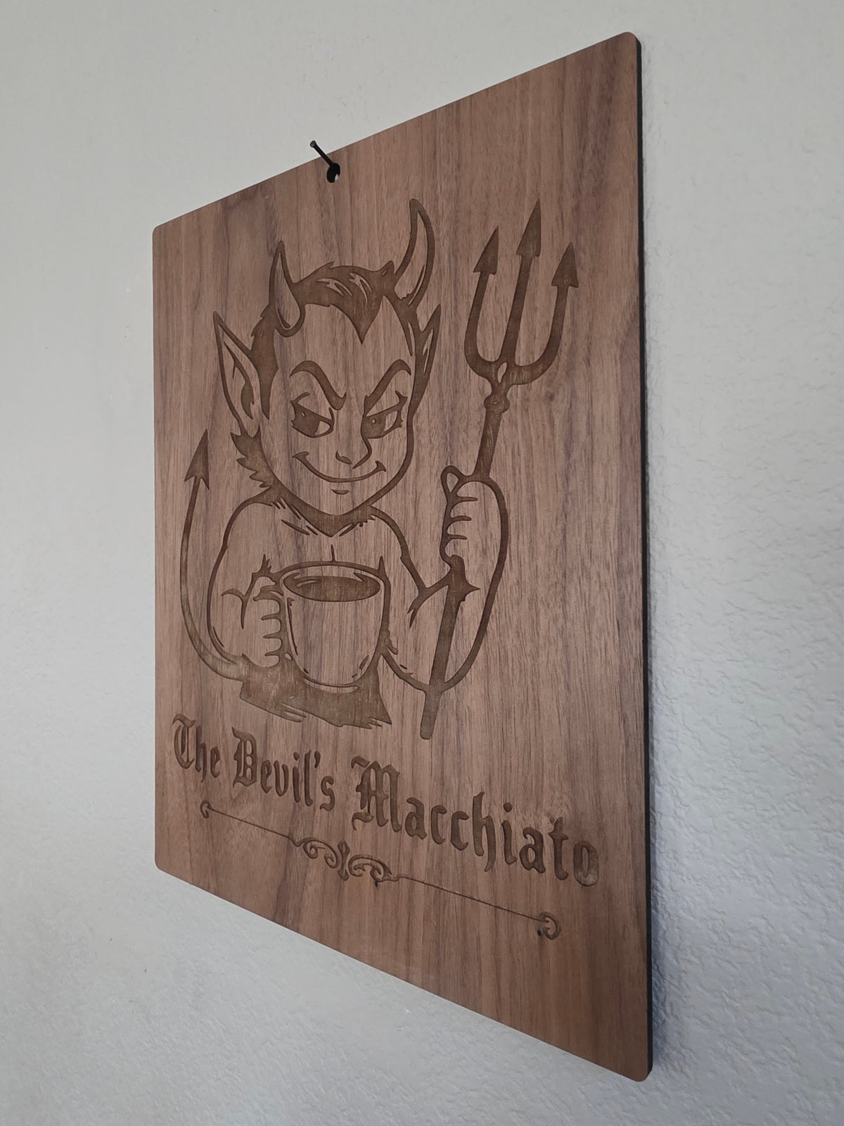 The Devil’s Macchiato – 11" x 17" Engraved Walnut Coffee Wall Art