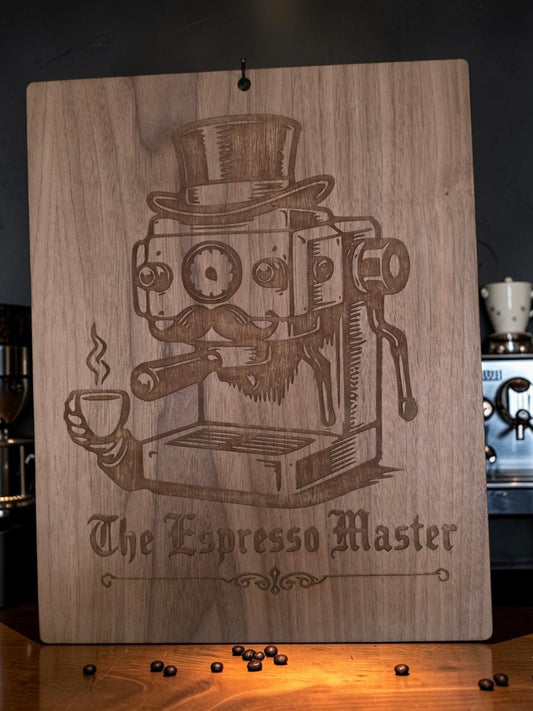 The Espresso Master Gentleman – 11" x 17" Engraved Walnut Coffee Wall Art