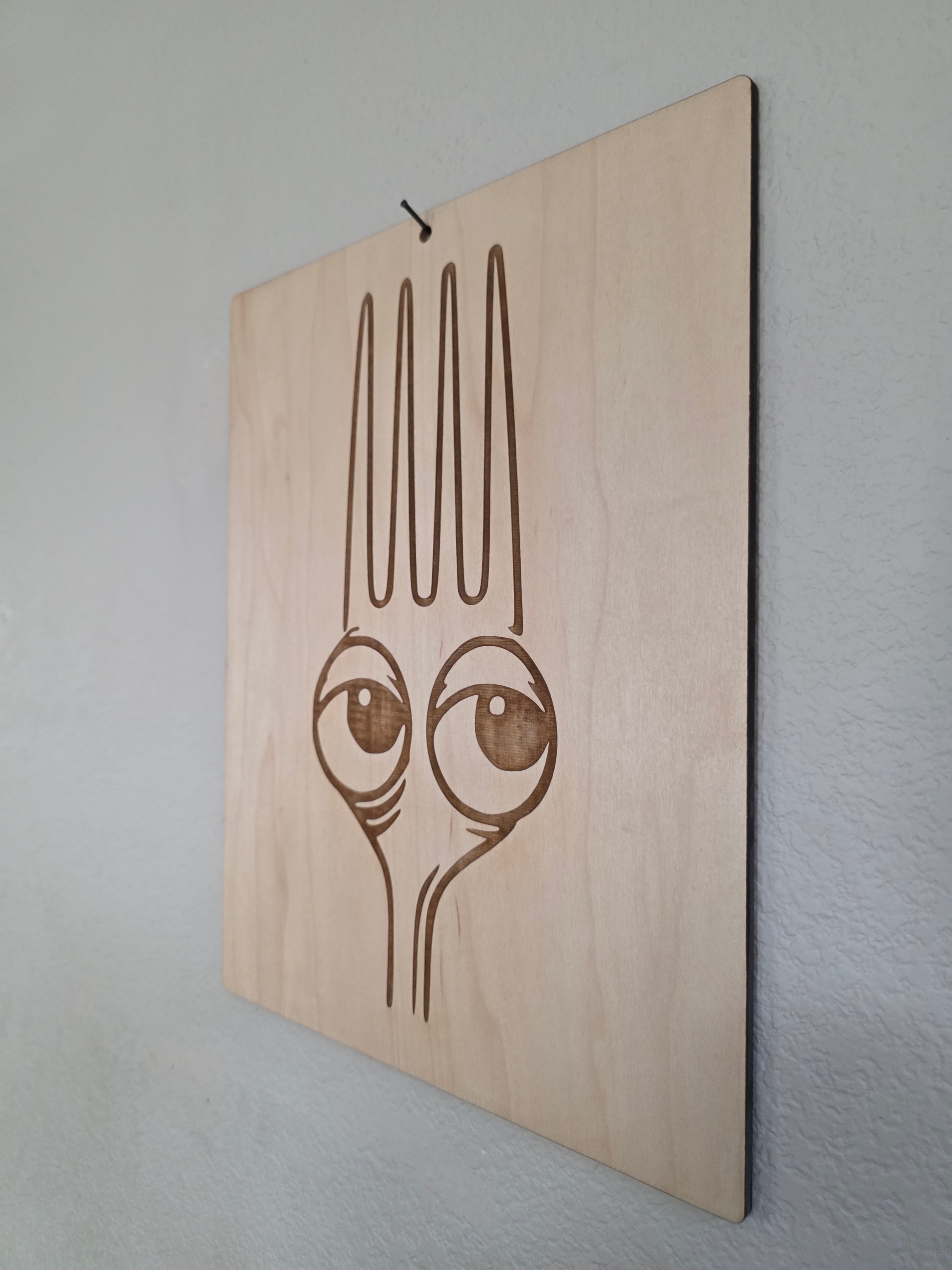 Whimsical Fork Face Maple Wall Art – 11" x 17" Laser Engraved Kitchen Décor