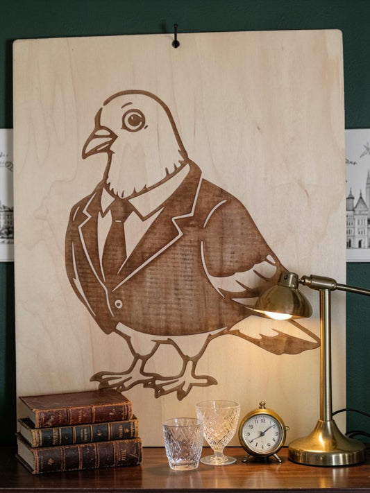 Dapper Pigeon in a Suit – 11" x 17" Engraved Maple Wall Art