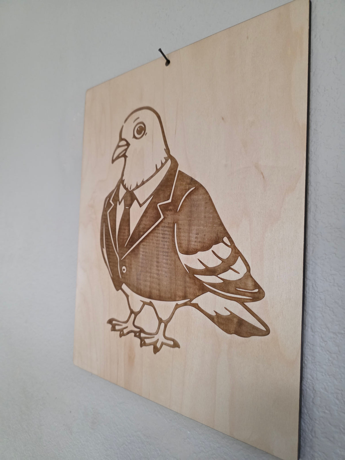 Dapper Pigeon in a Suit – 11" x 17" Engraved Maple Wall Art
