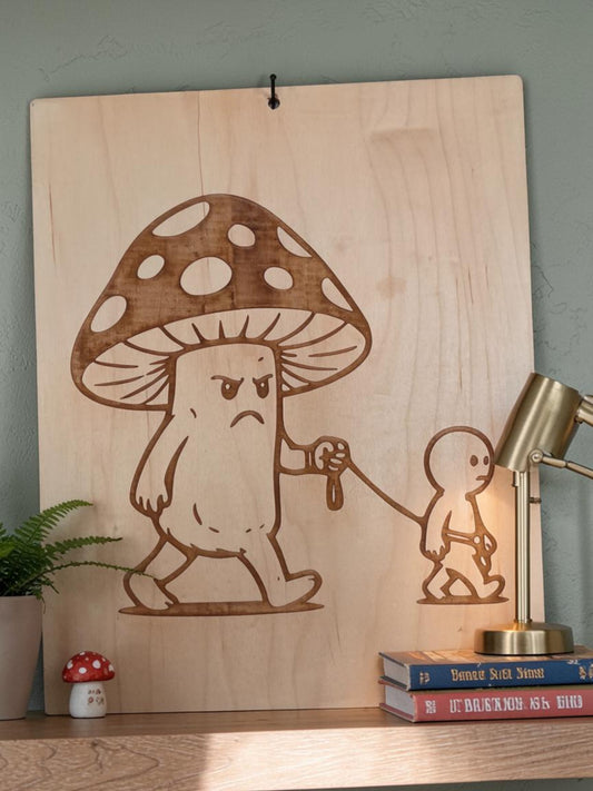 Grumpy Mushroom Walking a Human – 11" x 17" Engraved Maple Wall Art