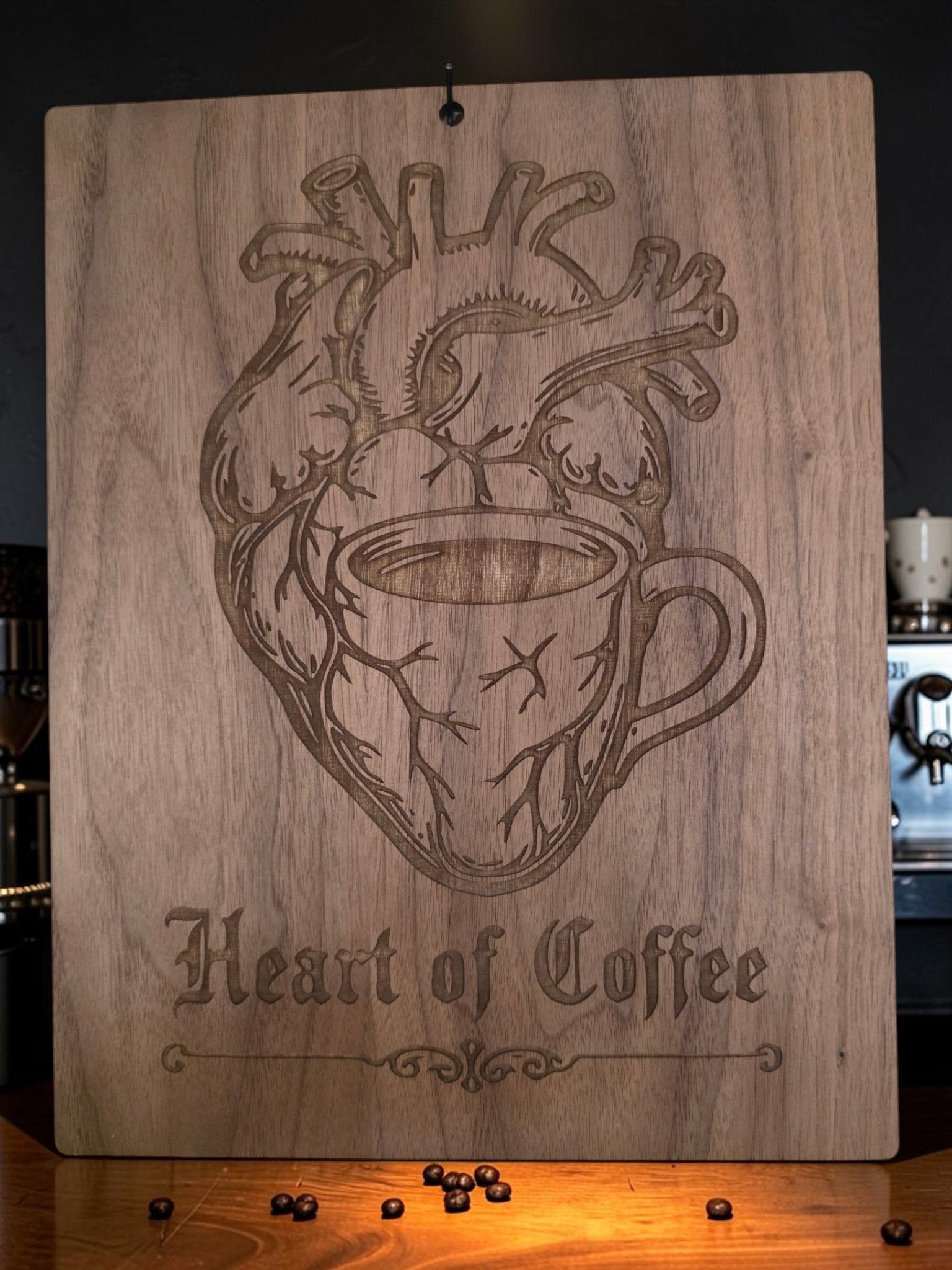 Heart of Coffee – 11" x 17" Engraved Walnut Coffee Wall Art