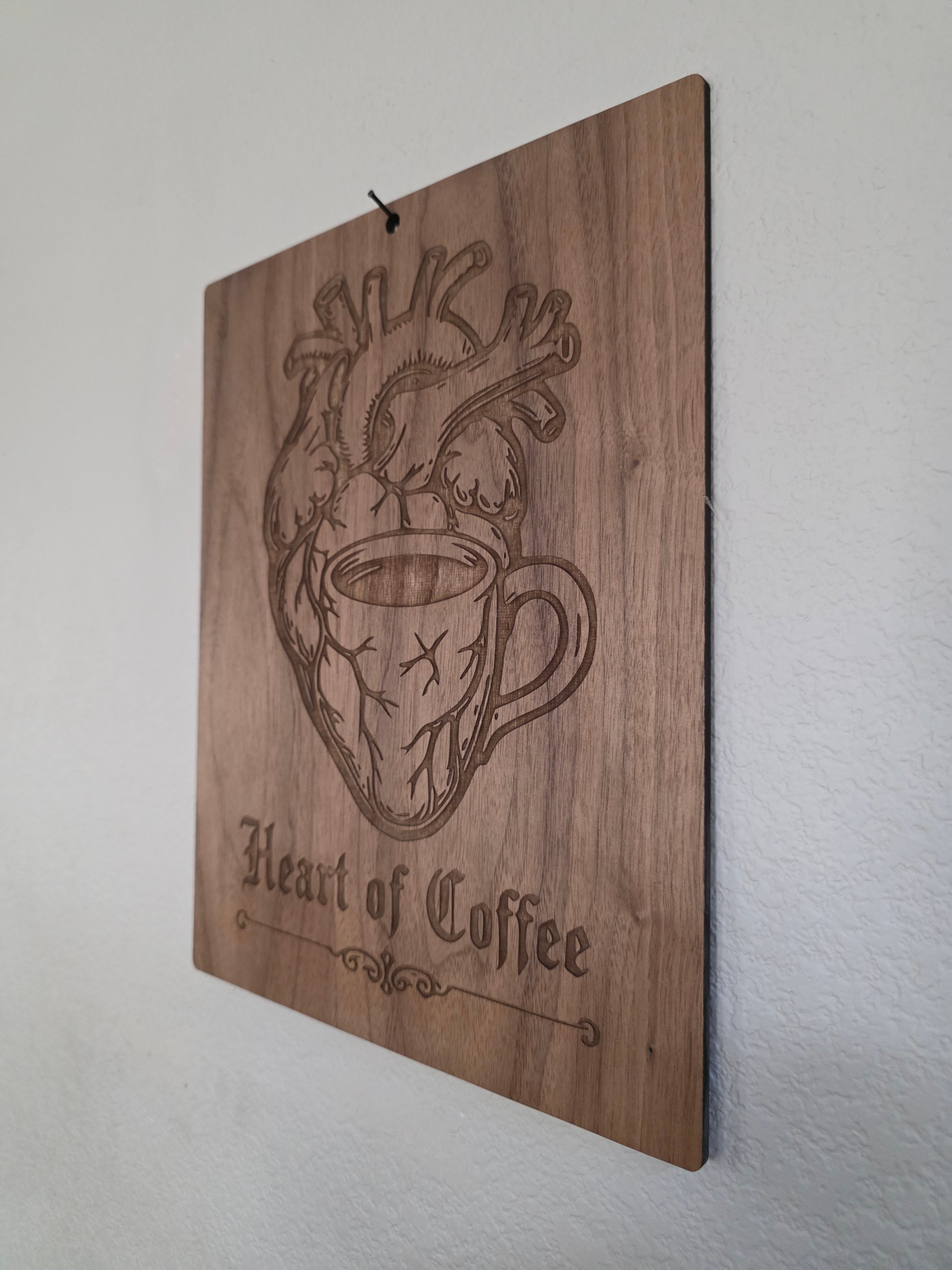 Heart of Coffee – 11" x 17" Engraved Walnut Coffee Wall Art