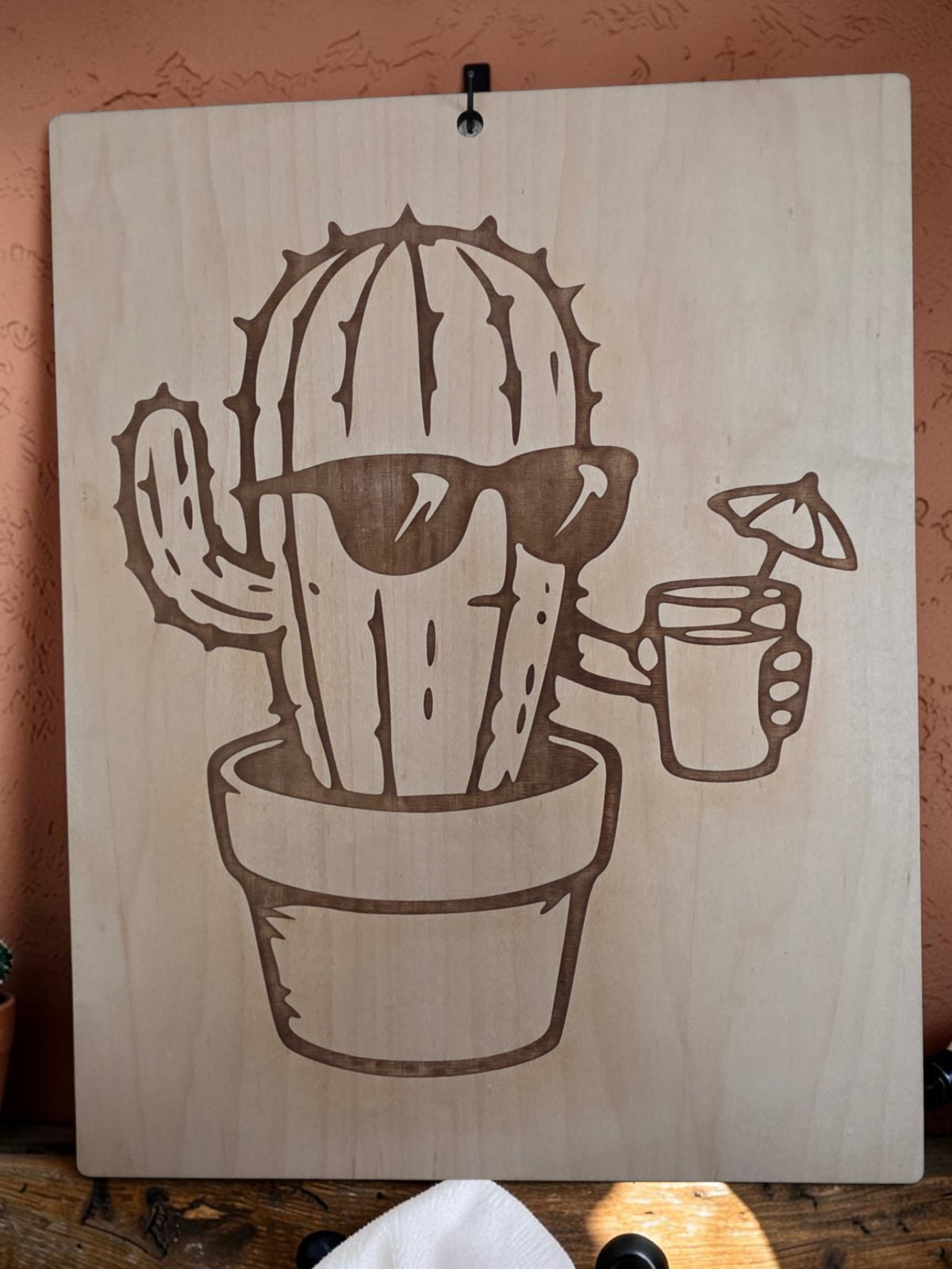 Chill Cactus Happy Hour – 11" x 17" Engraved Maple Wall Art
