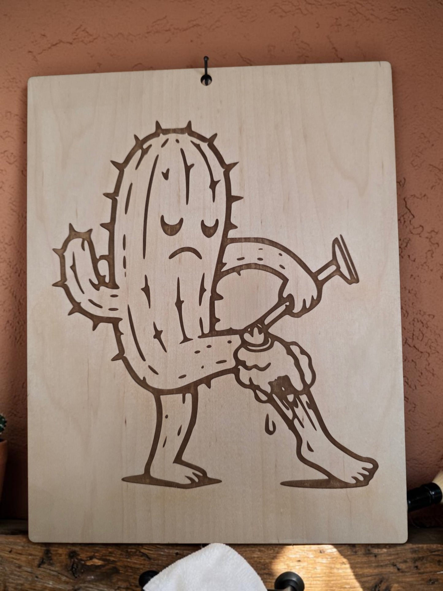 Prickly Grooming Cactus – 11" x 17" Engraved Maple Wall Art