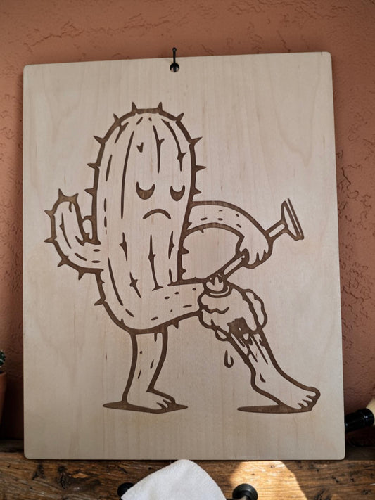 Prickly Grooming Cactus – 11" x 17" Engraved Maple Wall Art